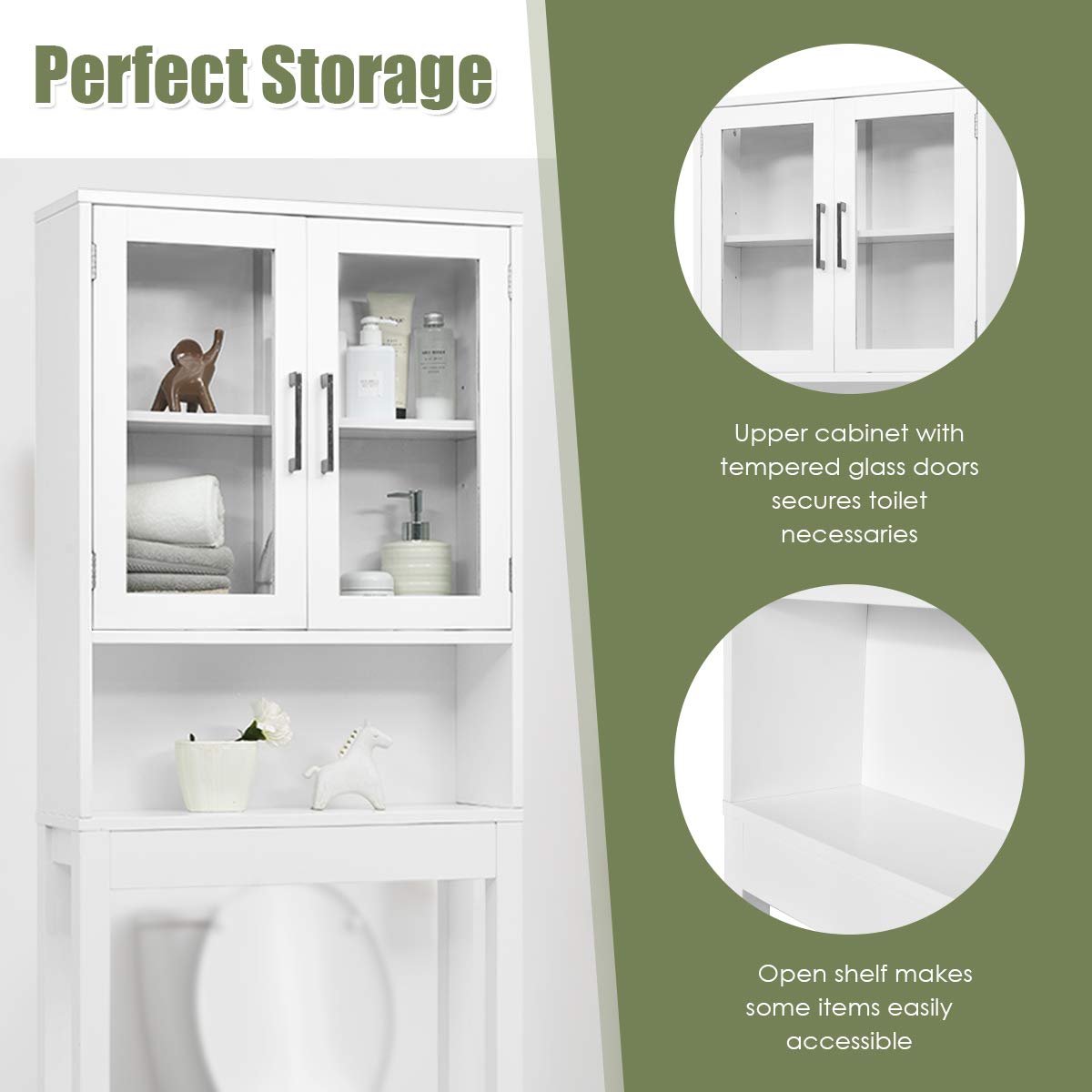 Giantex Over-The-Toilet Storage Cabinet W/Tempered Glass Doors, 3-Position Adjustable Shelf