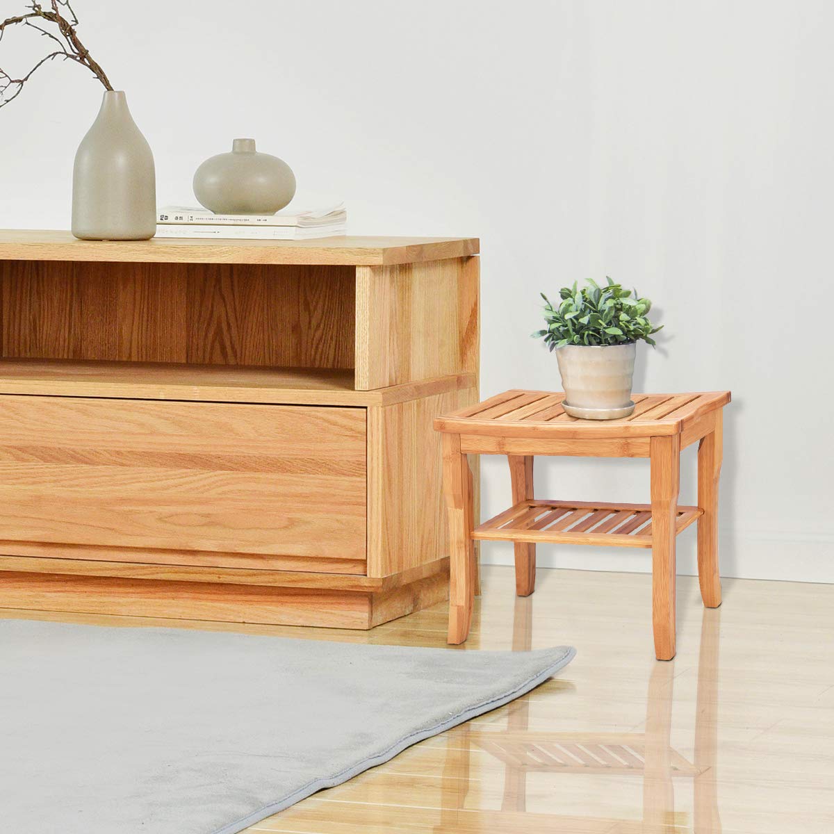 Bamboo Shower Bench Seat with Storage Shelf - Giantexus