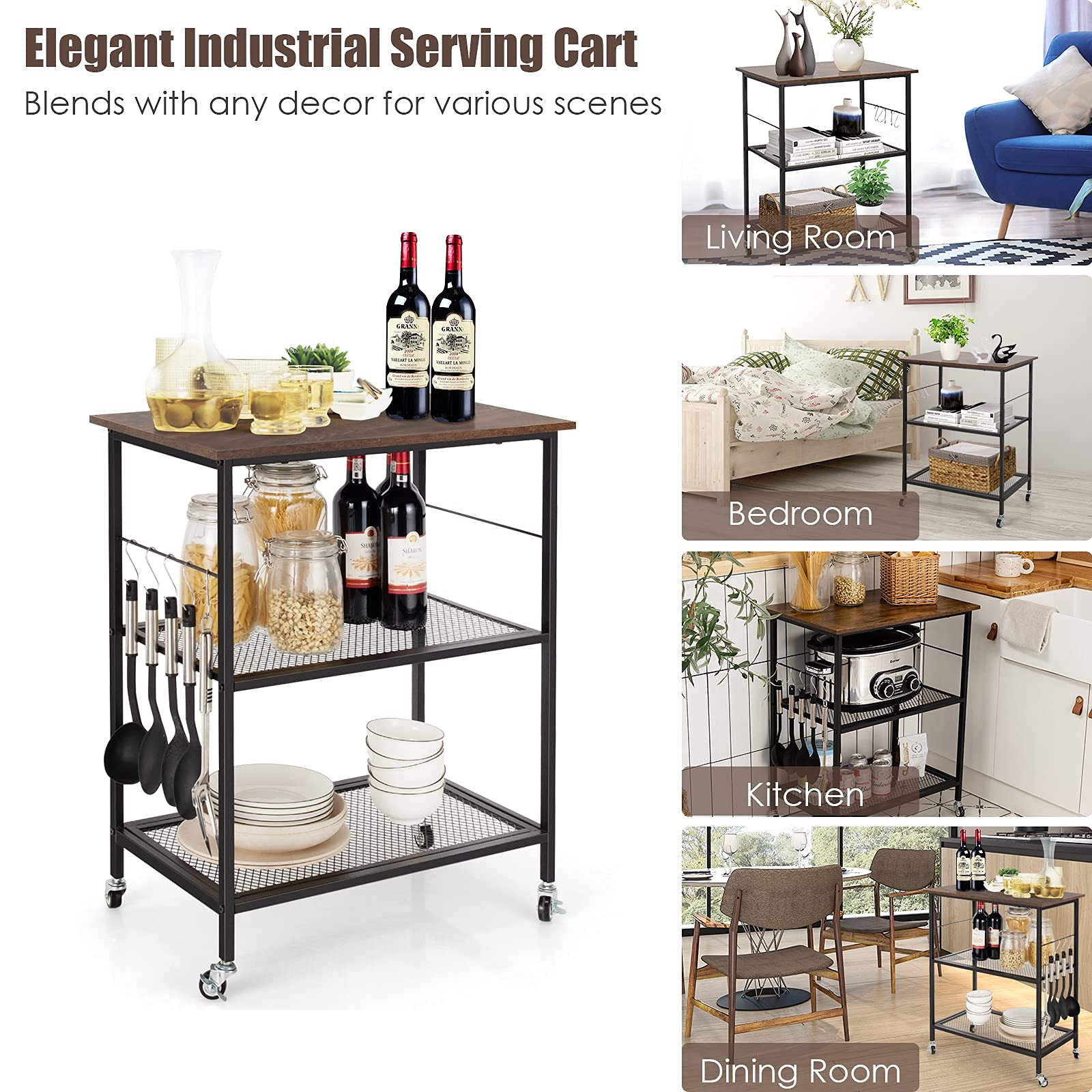 Giantex 3 Tier Kitchen Bake's Rack, Rolling Microwave Cart, Industrial Bar Service Cart