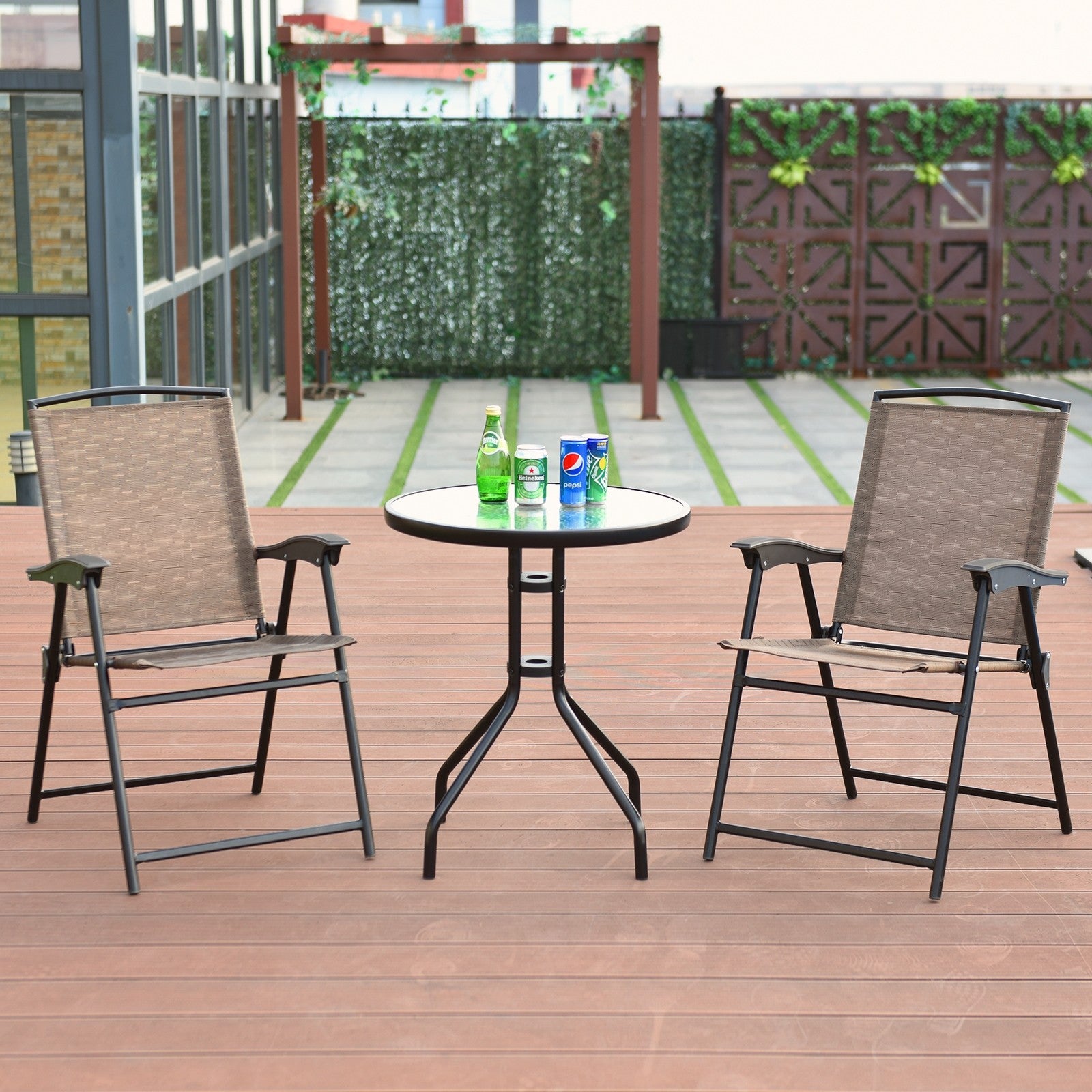 Giantex Patio Dining Set with 2 Patio Folding Chairs (Brown)