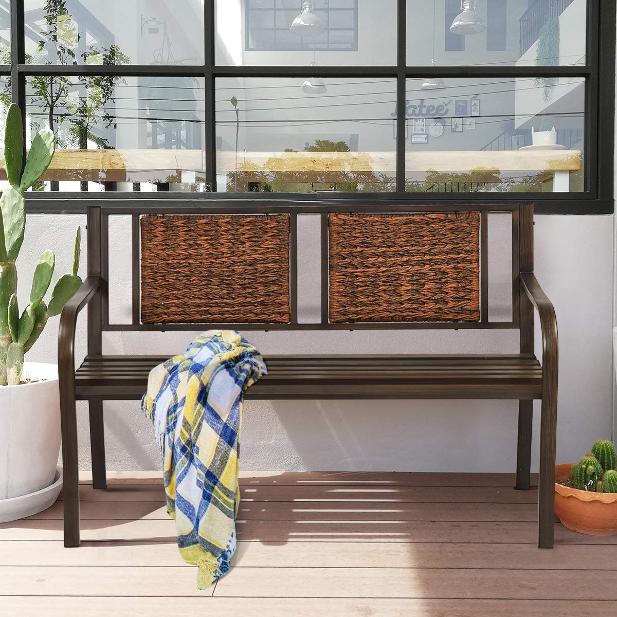 Giantex Patio Garden Bench Heavy-Duty Ergonomic Loveseat W/Powder Coated Steel Frame