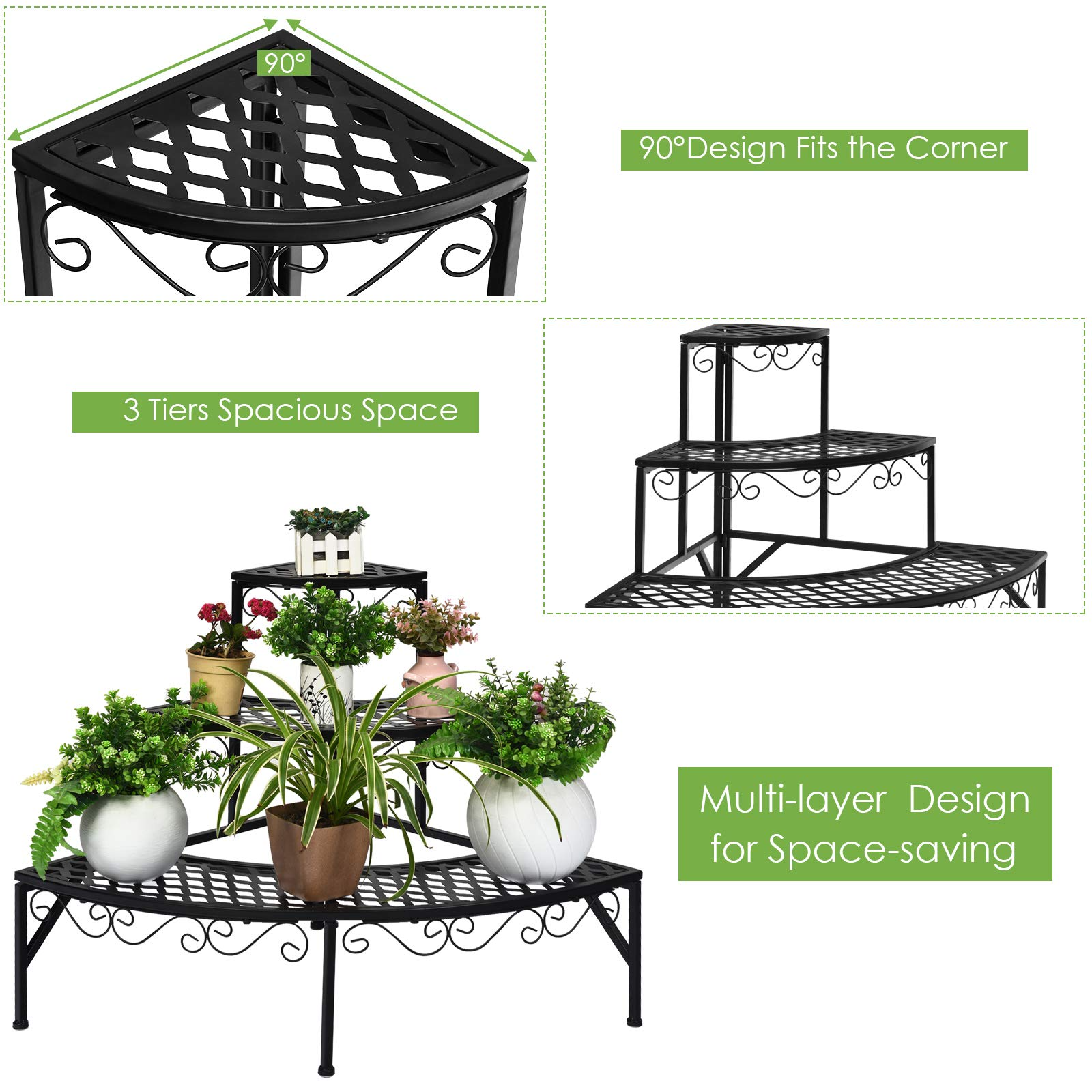 Giantex Corner Plant Stand, 3 Tier Metal Flower Holder, Ladder Potted Corner Shelf