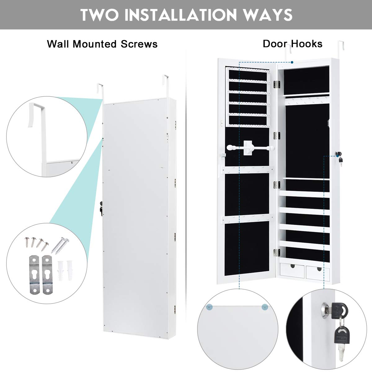 Wall Door Mount Jewelry Armoire Cabinet with 15 LED Lights - Giantex