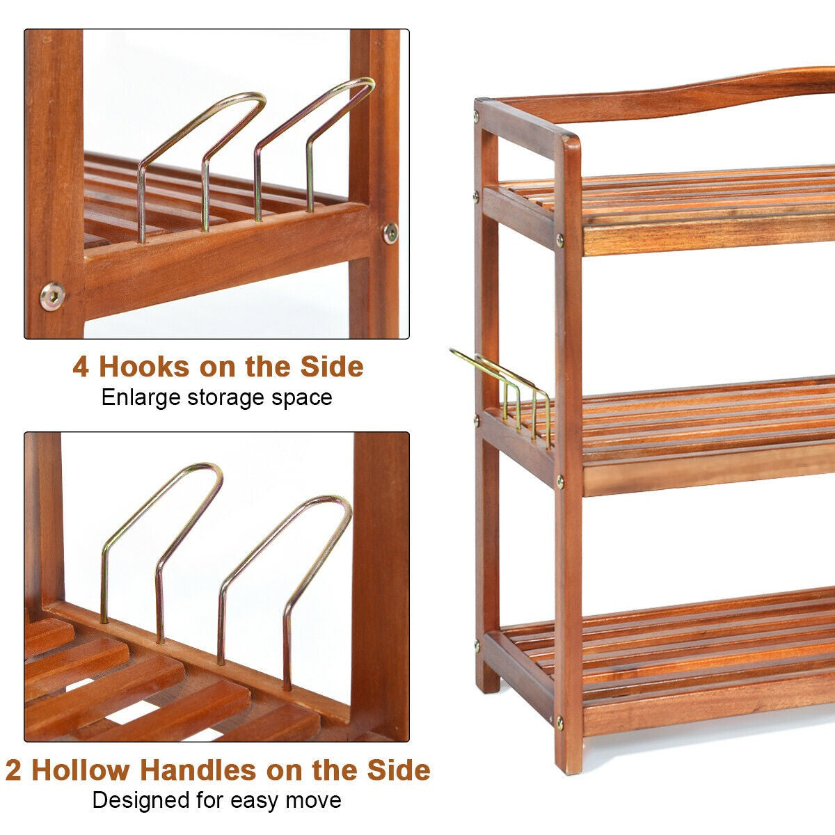 Giantex 3-Tier Wood Shoe Rack 4 Metal Side Hangers, 29"L x10.5"Wx 24.5"H