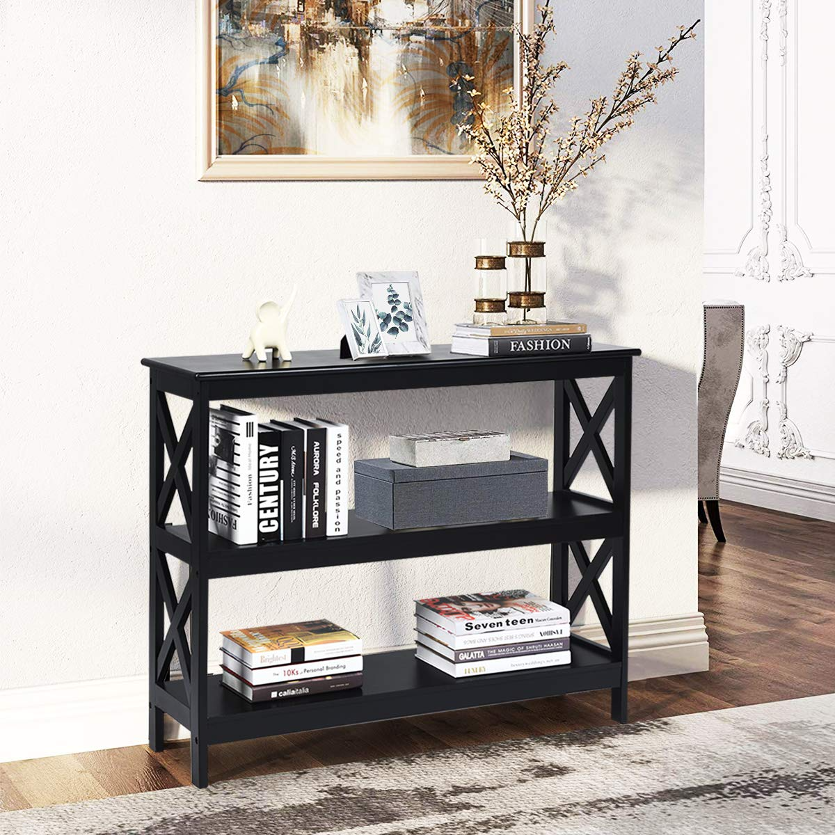 Giantex Console Table with Storage Shelves and X-Shape-Design Bookshelf Narrow Accent Table