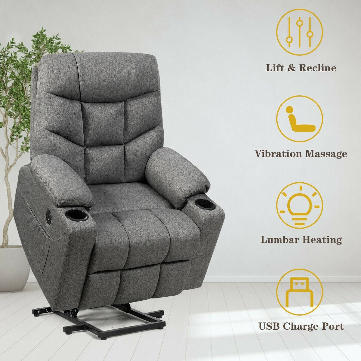 Power Lift Chair w/ 8 Point Massage & Lumbar Heat & 2 Side Pockets Cup Holders USB Charge Port