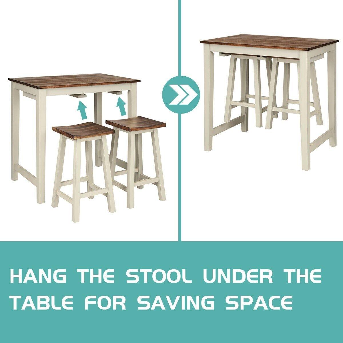 3 Piece Pub Dining Set, Counter Height Pub Table with 2 Saddle Bar Stools, Tavern Collection Table (Brown & Milky White) - Giantexus