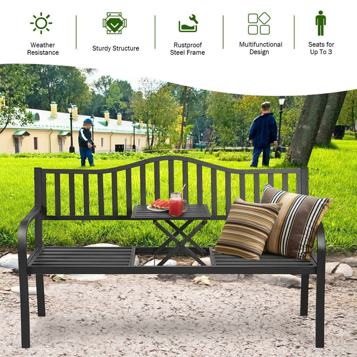 Giantex Patio Bench w/ Pullout Middle Table, Outdoor Benches2-3 Person, Metal Benches for Outside (Black)