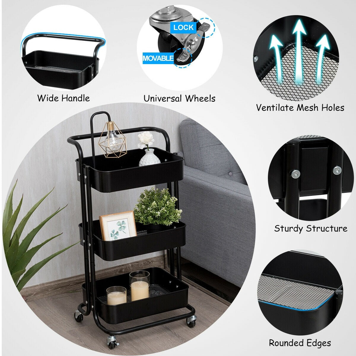 Giantex 3-Tier Rolling Cart, Lockable Casters and 3 Mesh Storage Baskets