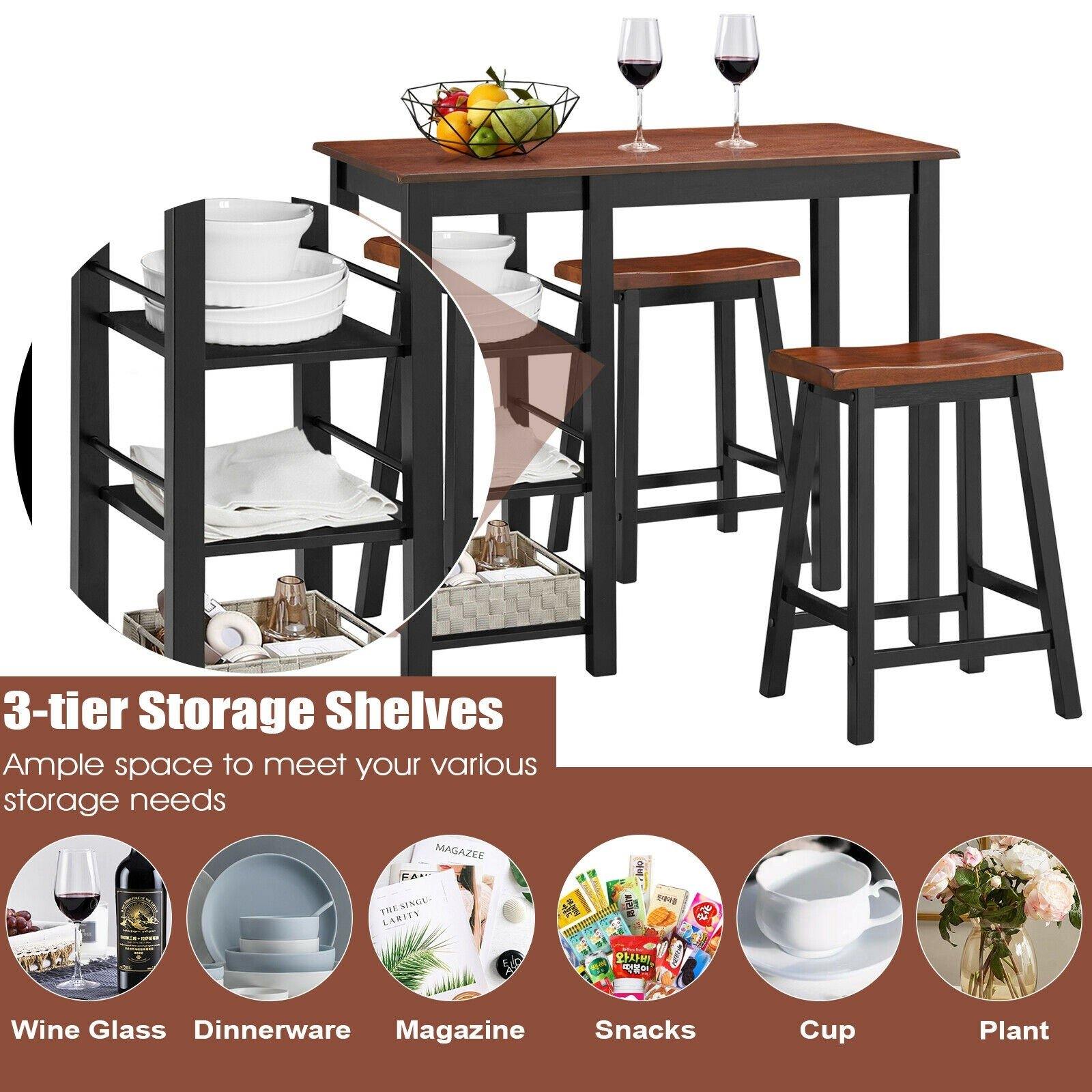 3 Piece Dining Set, Entirely Wood Counter Height Table Set with 2 Chair and 3-Tier Storage Shelves - Giantexus