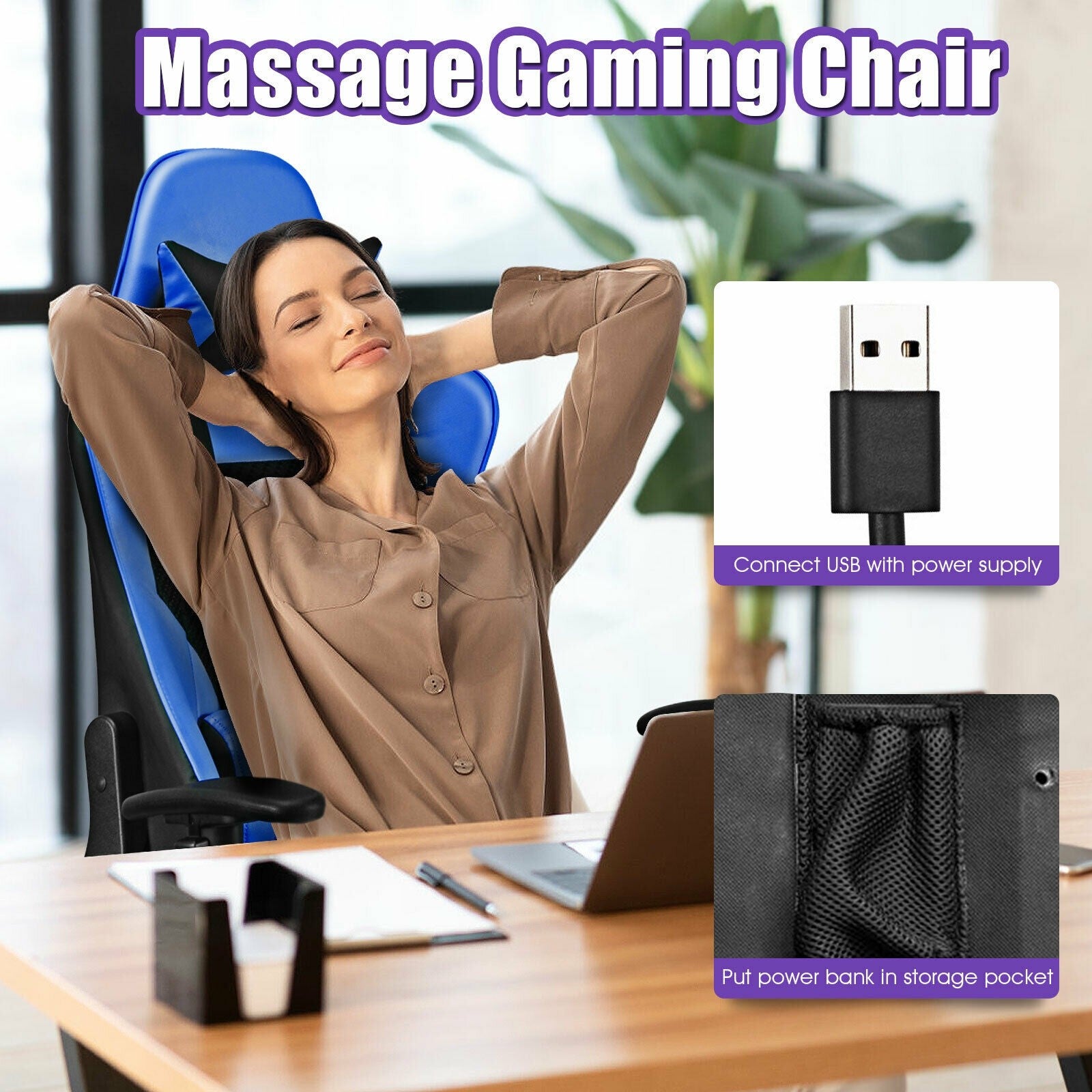 Massage Gaming Chair, Adjustable High Back with Health Massager Lumbar Support