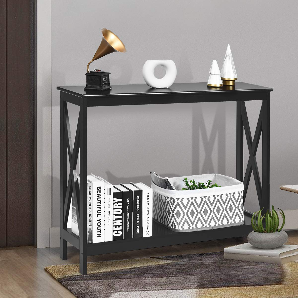 Giantex Console Table 2-Tier with Storage Shelf,X-Design Bookshelf