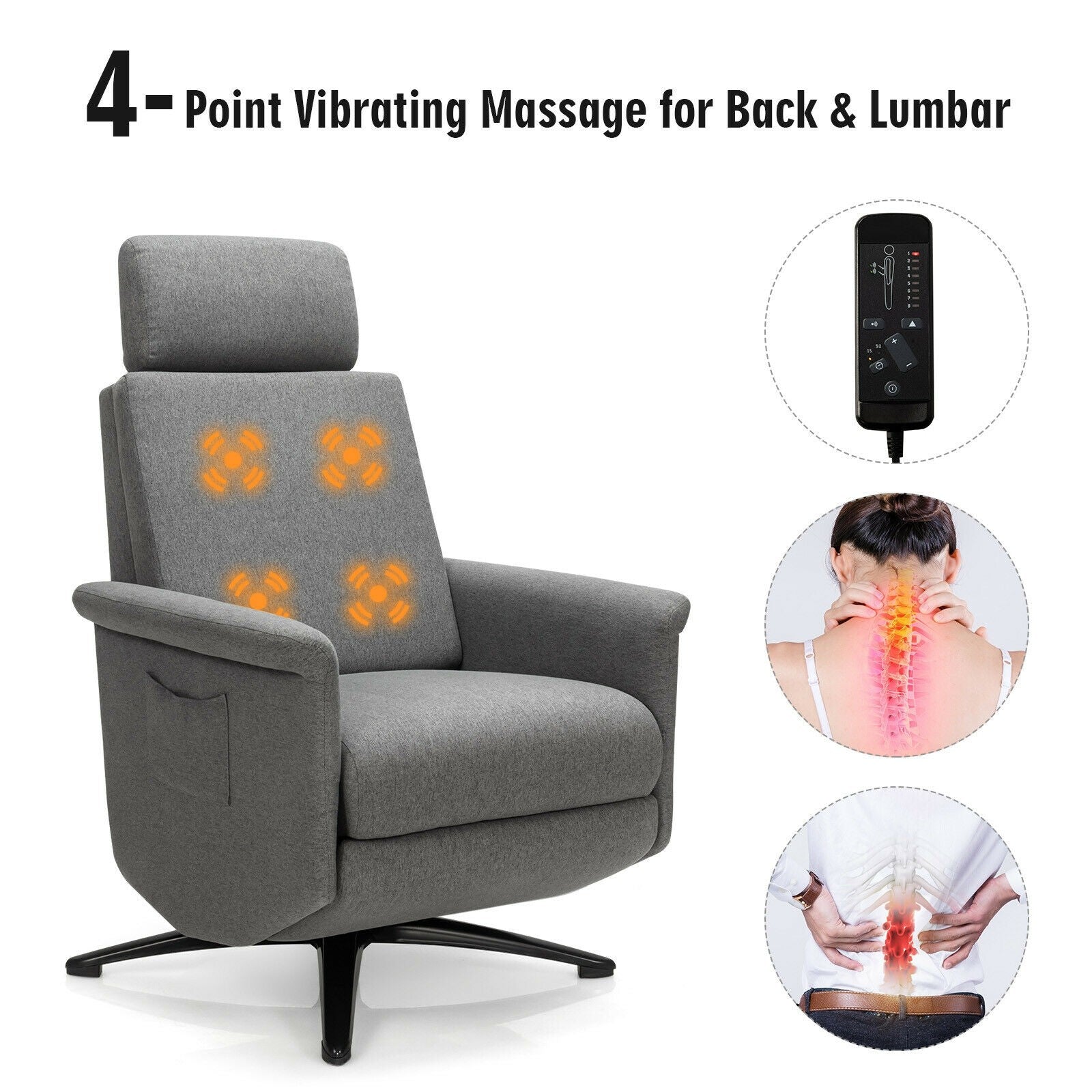 Recliner Chair with Vibration Massage, 360 Degree Swivel Reclining Sofa Chair, Adjustable Headrest & Footrest