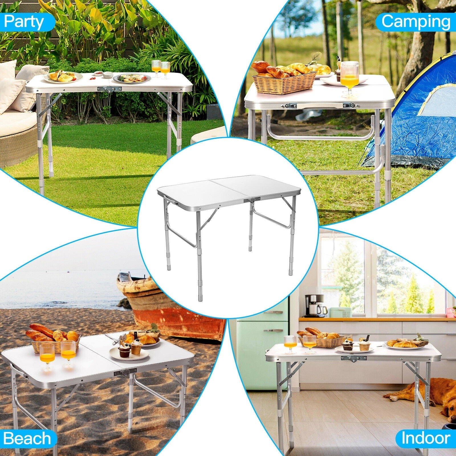 Folding Table Portable Camping Table W/3 Adjustable Heights