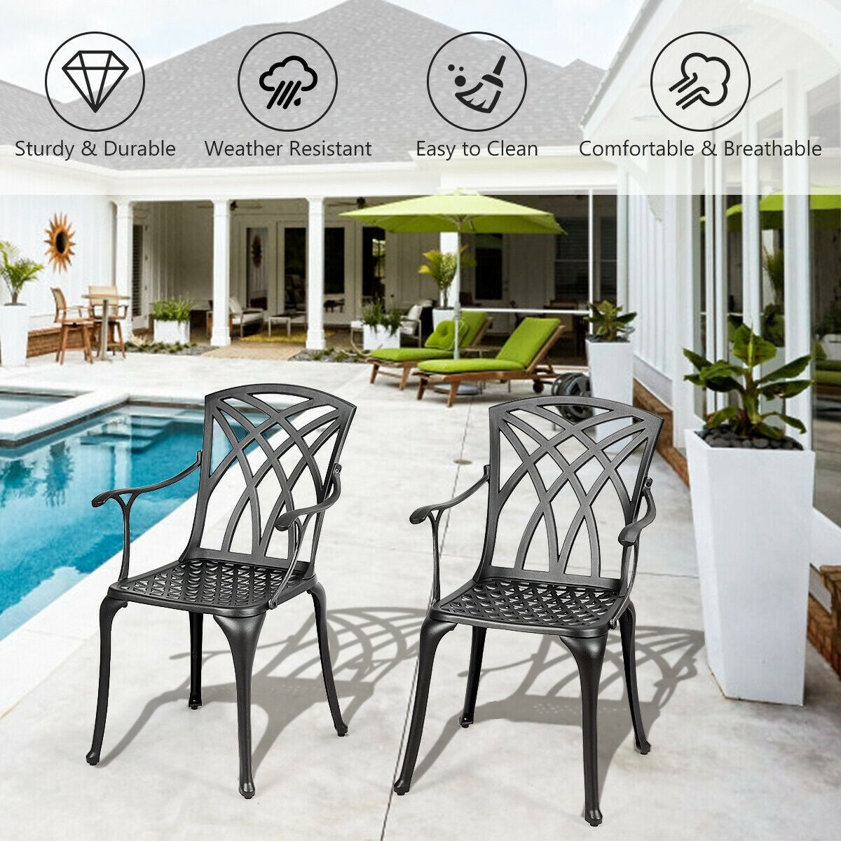 Set of 2 Outdoor Dining Chairs, Cast Aluminum Chairs with Armrest