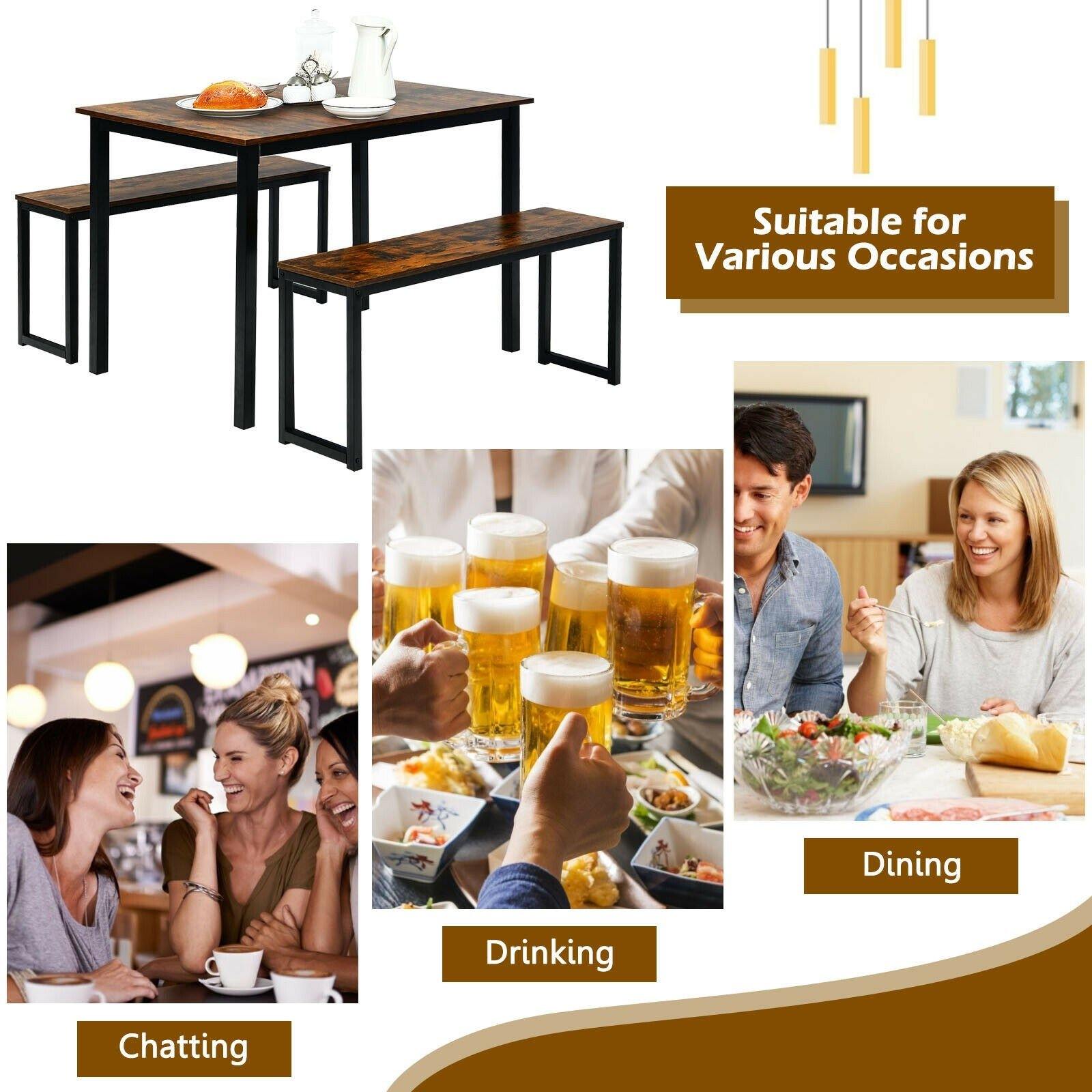 3-Piece Dining Table Set with 2 Benches, Kitchen Bench Table Set - Giantexus