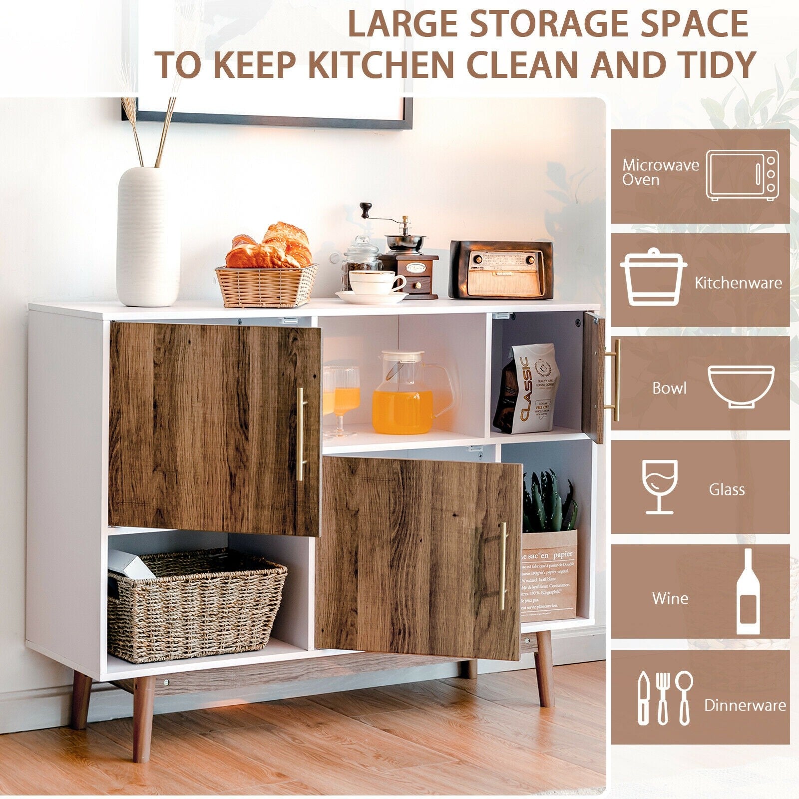 Sideboard Storage Cabinet W/Storage Compartments, Doors and Wood Legs