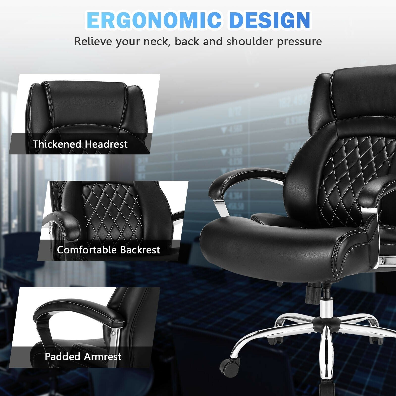 500LBS Leather Office Chair, Height Adjustable Big and Tall Executive Chair - Giantexus