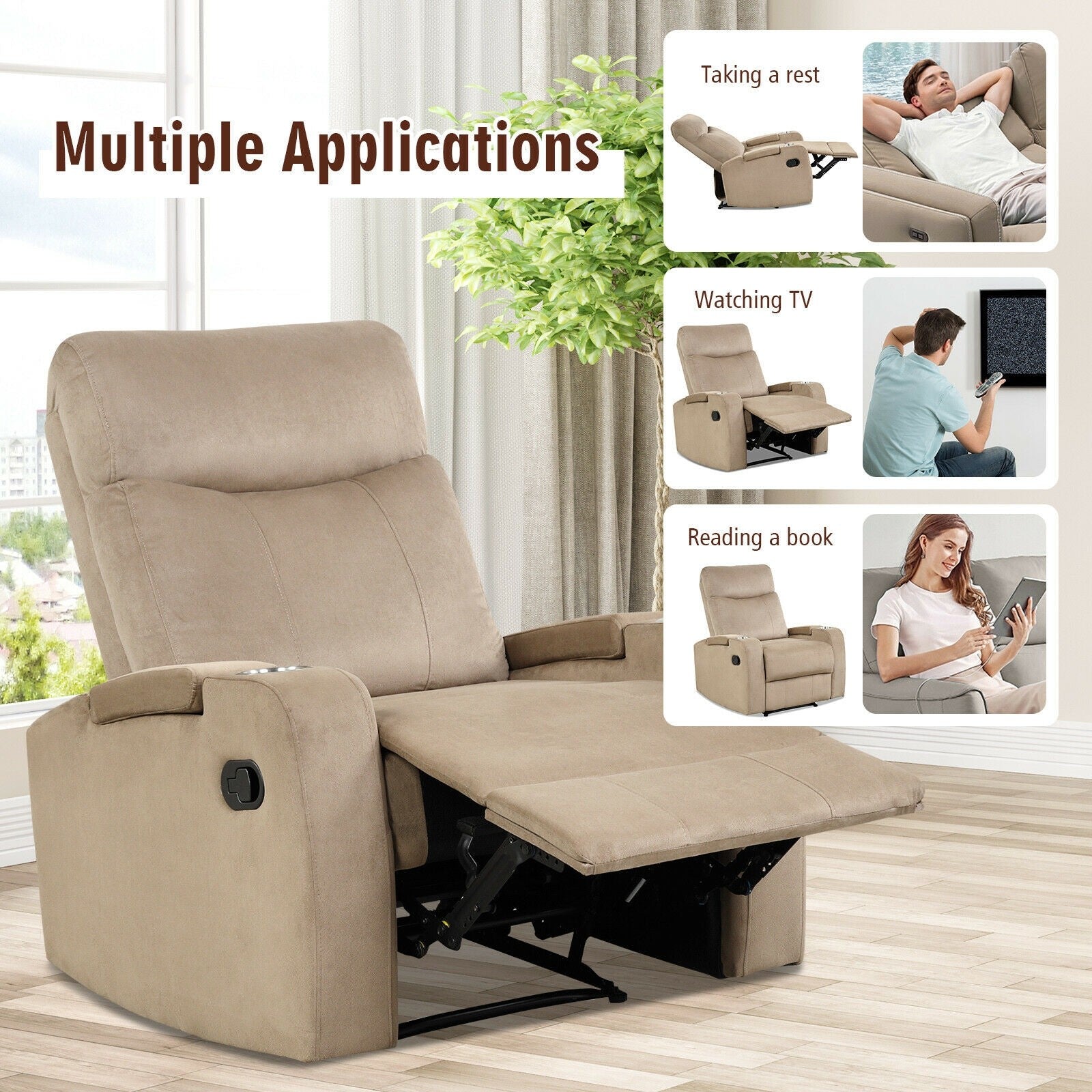 Recliner Chair with Cup Holders, Fabric Reclining Chair Manual Recliner Chair