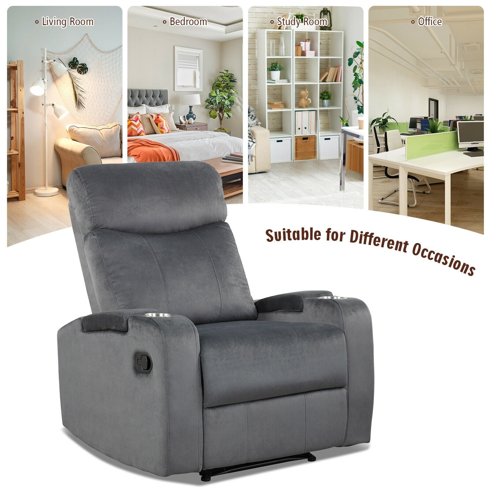 Recliner Chair with Cup Holders, Fabric Reclining Chair Manual Recliner Chair