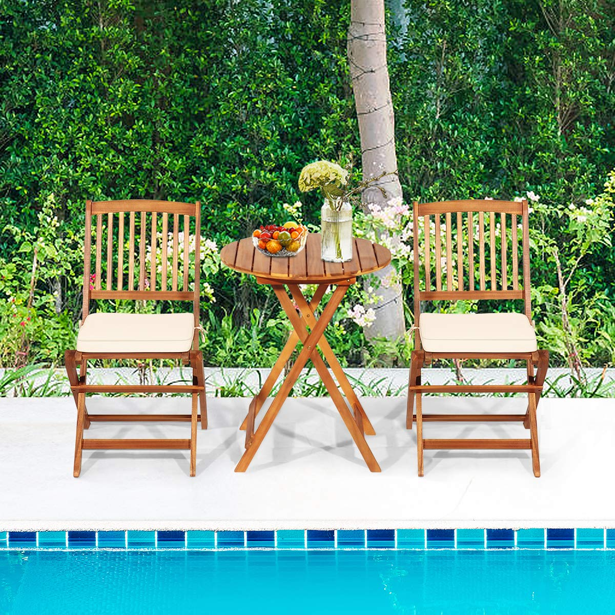 Giantex 3Pcs Patio Bistro Set, Wood Folding Table Set