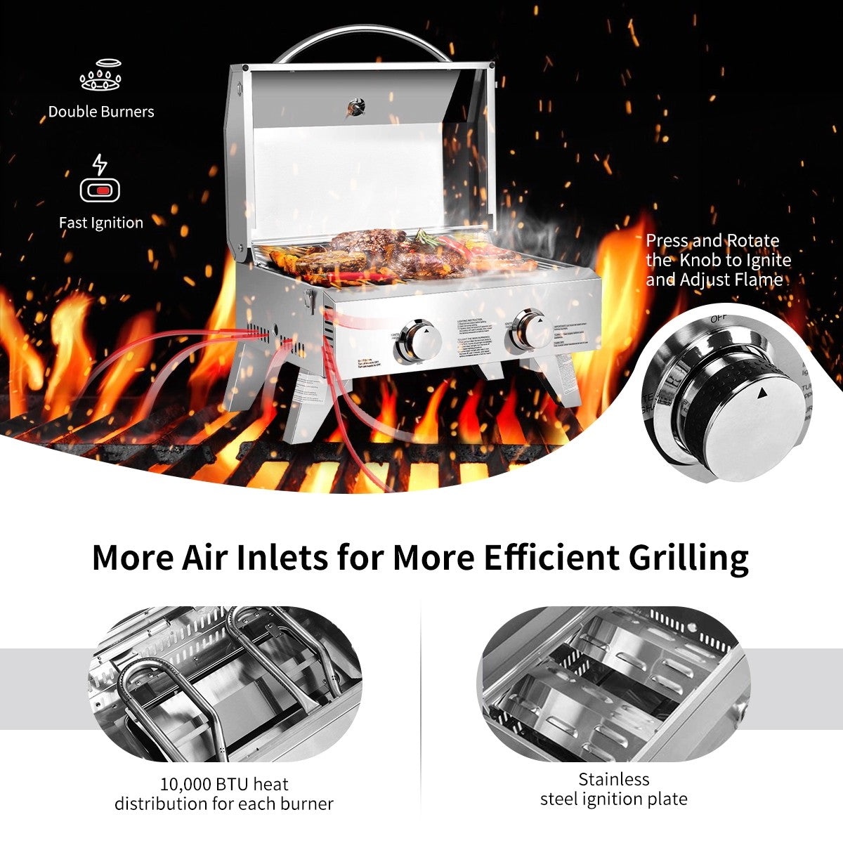 Propane TableTop Gas Grill Stainless Steel Two-Burner BBQ - Giantex