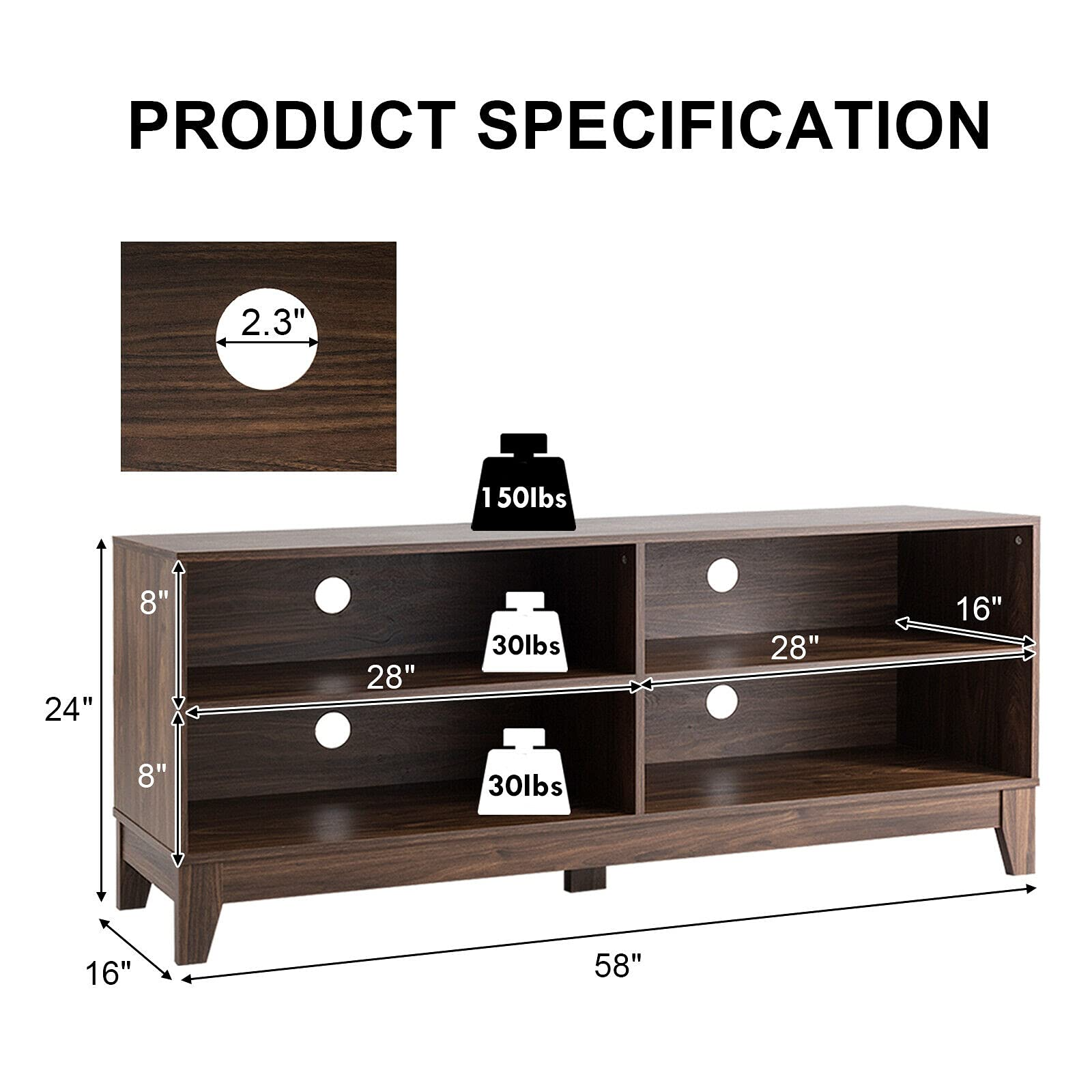Giantex TV Stand Console Table Cabinet for 60" TV, Large Storage for Living Recreation Room W/ 4 Open Shelves