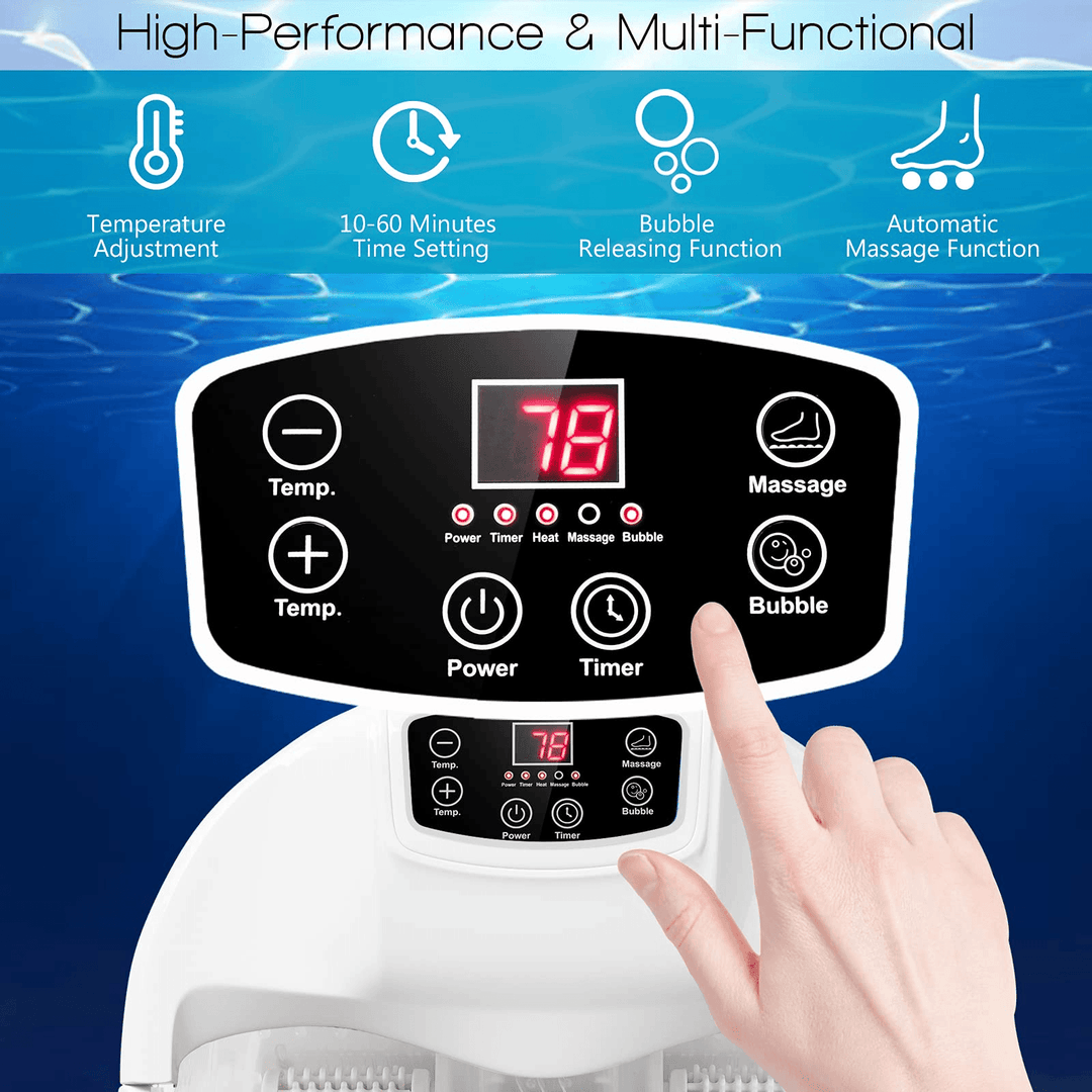 Giantex Foot Spa Bath Massager with Heat Bubbles, 6 Motorized Massage Rollers, Fast Heating, Red Light, Adjustable Temperature & Time (Blue/White) - Giantexus