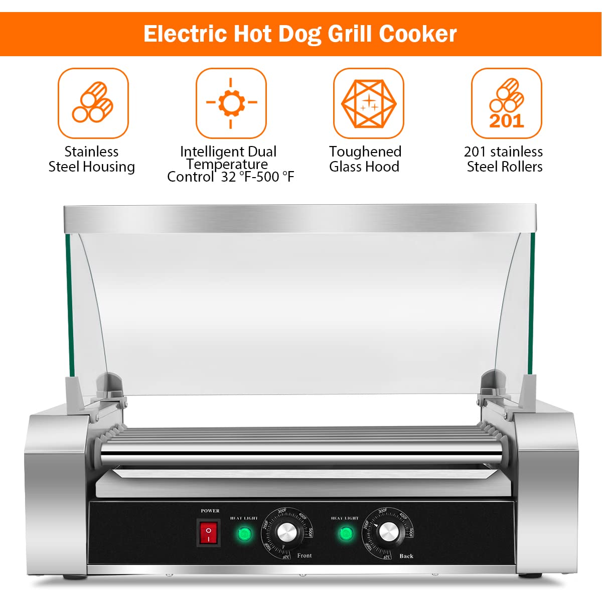 Giantex 7 Non-Stick Rollers 18 Hot Dog Sausage Grill Cooker Machine with Removable Stainless Steel Drip Tray and Glass Hood Cover