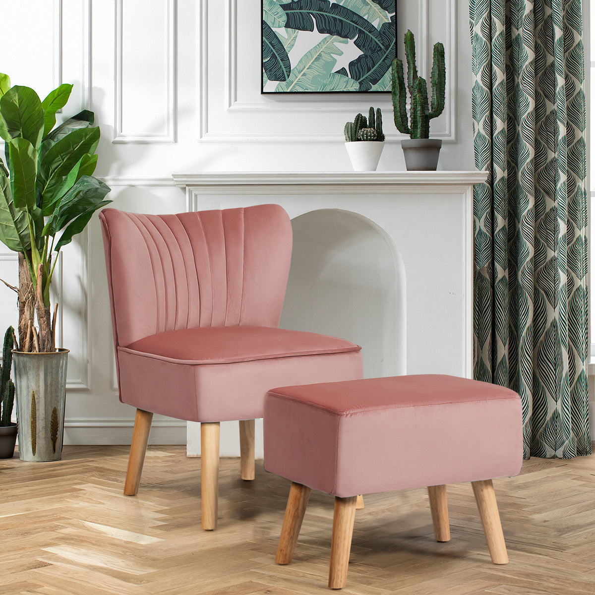 Velvet Accent Chair with Ottoman for Living Reading Room Bedroom - Giantexus