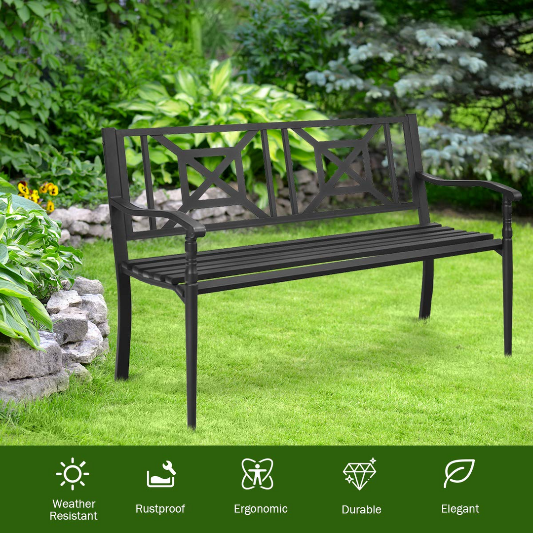 Giantex Elegant Loveseat w/Decorative Backrest & Ergonomic Armrest for Outdoor Garden, Backyard, Lawn, Porch, Path (Black)