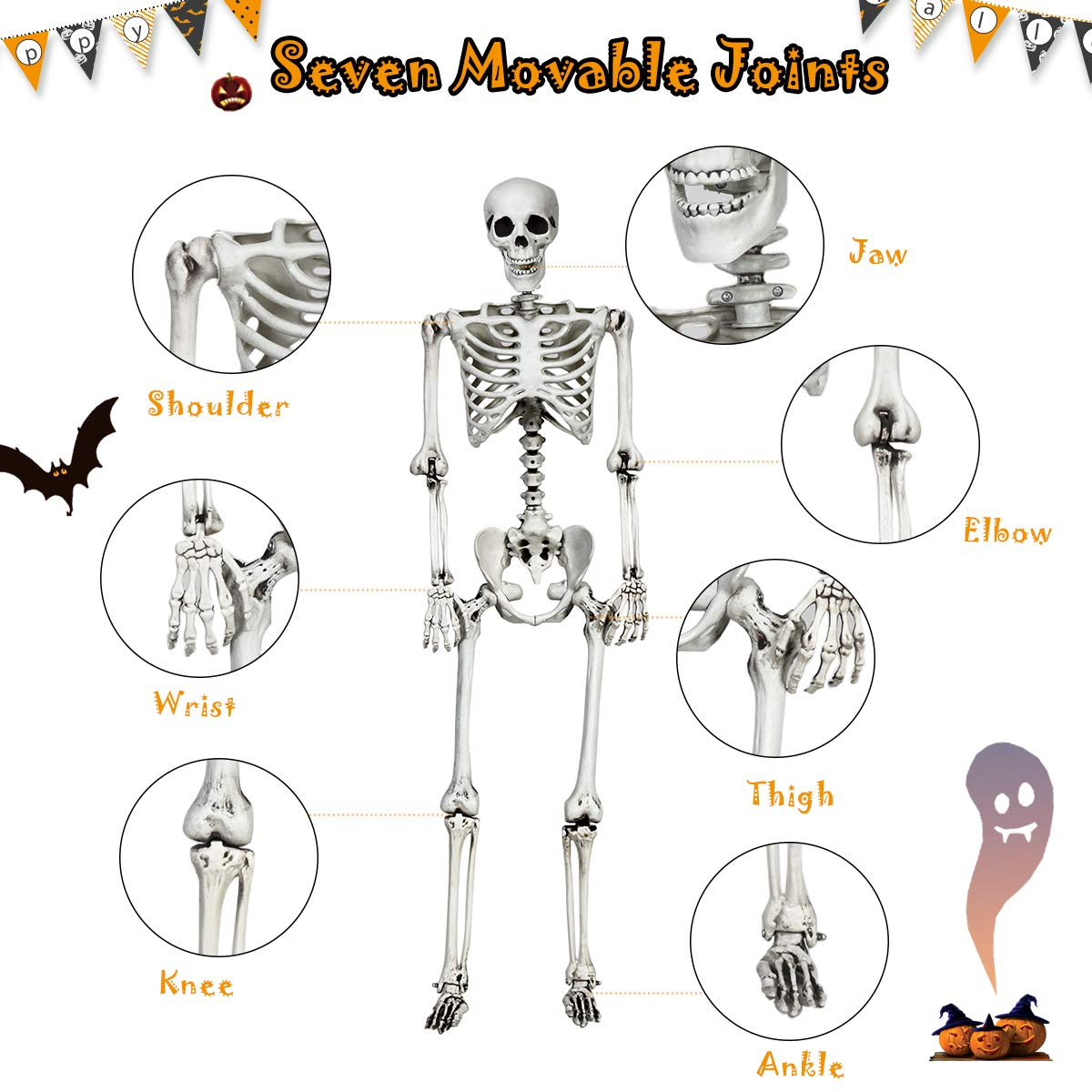 5.4 Ft Halloween Skeleton, Life Size Realistic Human Bones