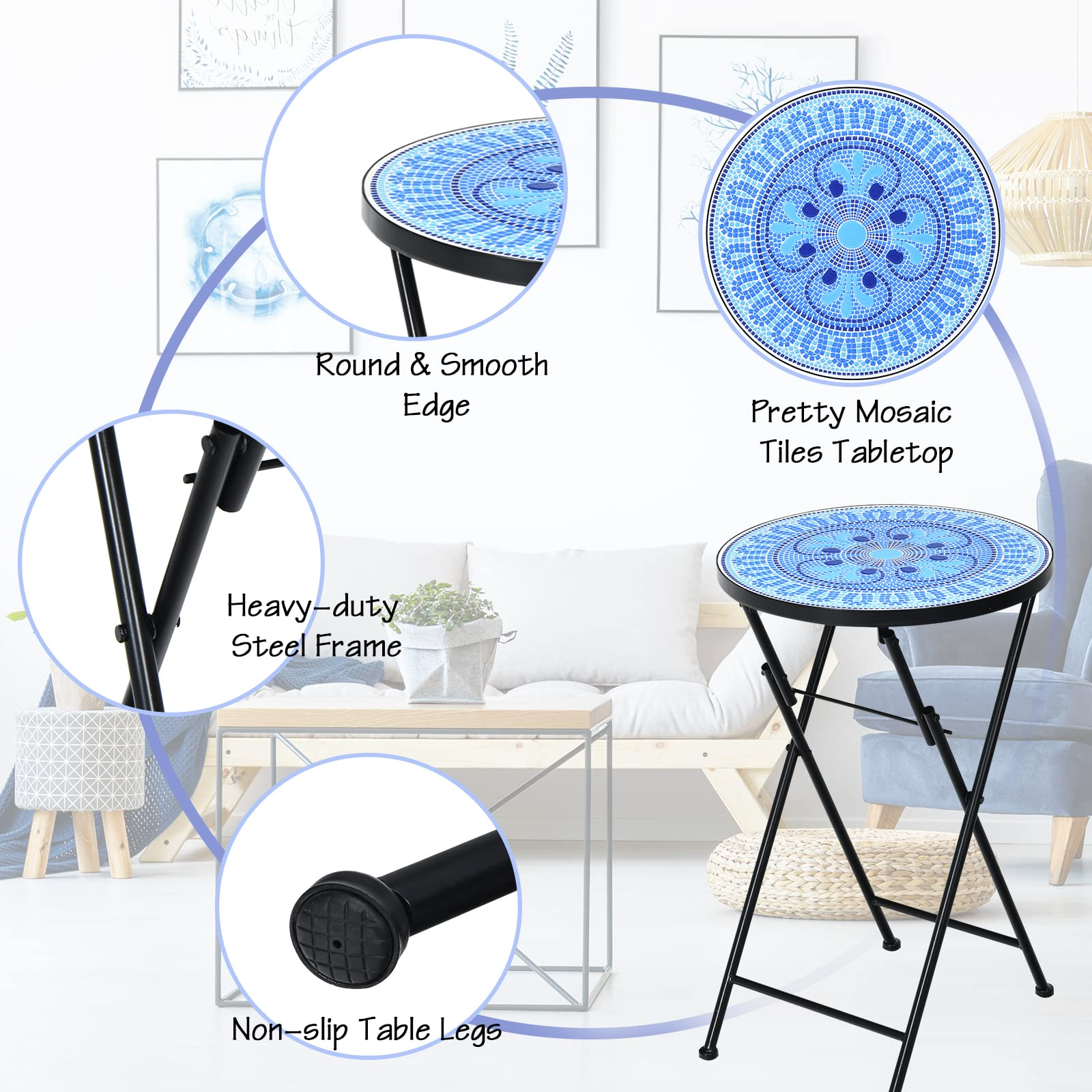 Giantex Folding Mosaic Patio Table, 14'' Outdoor Side Table Round Accent Table Plant Stand with Ceramic Tile Top