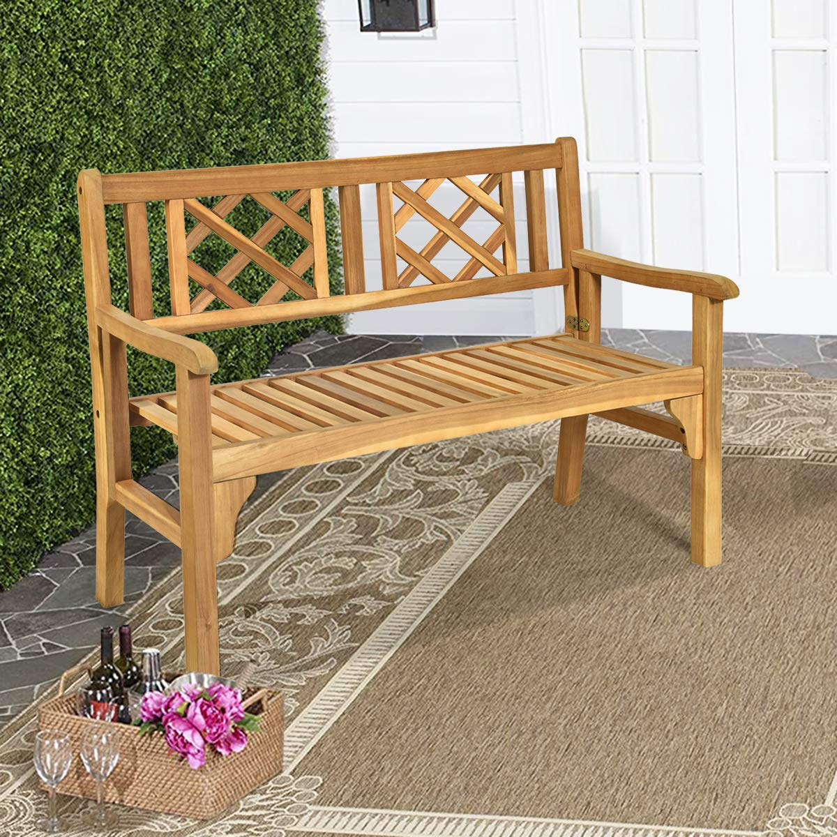 Giantex Patio Wooden Bench, 4 Ft Foldable Acacia Garden Bench (Teak)