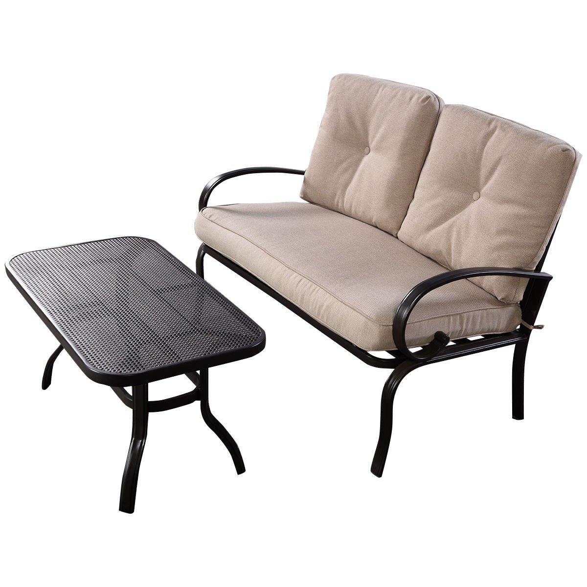 2 Pcs Patio Loveseat with Coffee Table Outdoor Bench with Cushion and Metal Frame(Beige & Black) - Giantexus