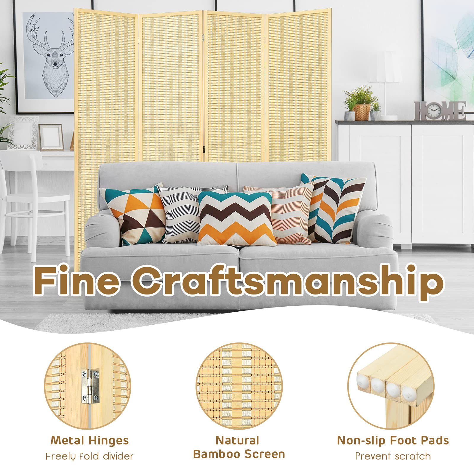 Giantex 4 Panel 6 Ft Tall Bamboo Room Divider, Folding Privacy Screen, Natural - Giantexus