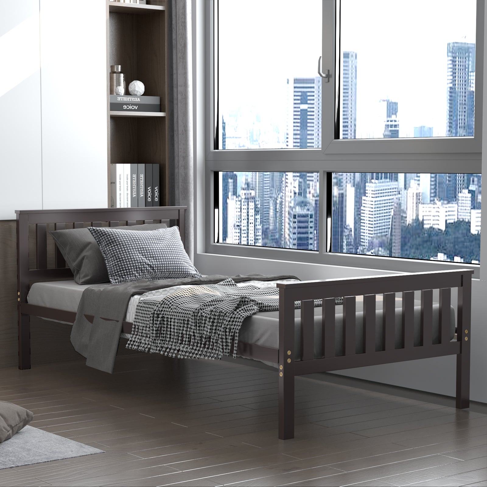 Easy Assembly Twin Size Wood Platform Bed with Headboard