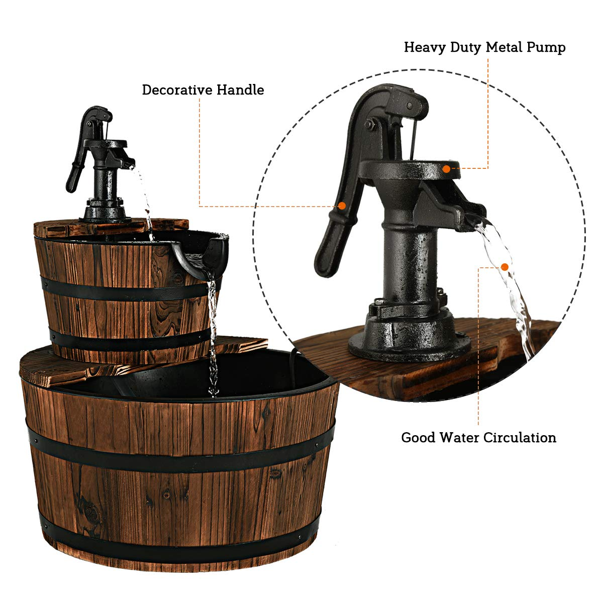 Giantex 2-Tier Barrel Waterfall Fountain with Hand Pump