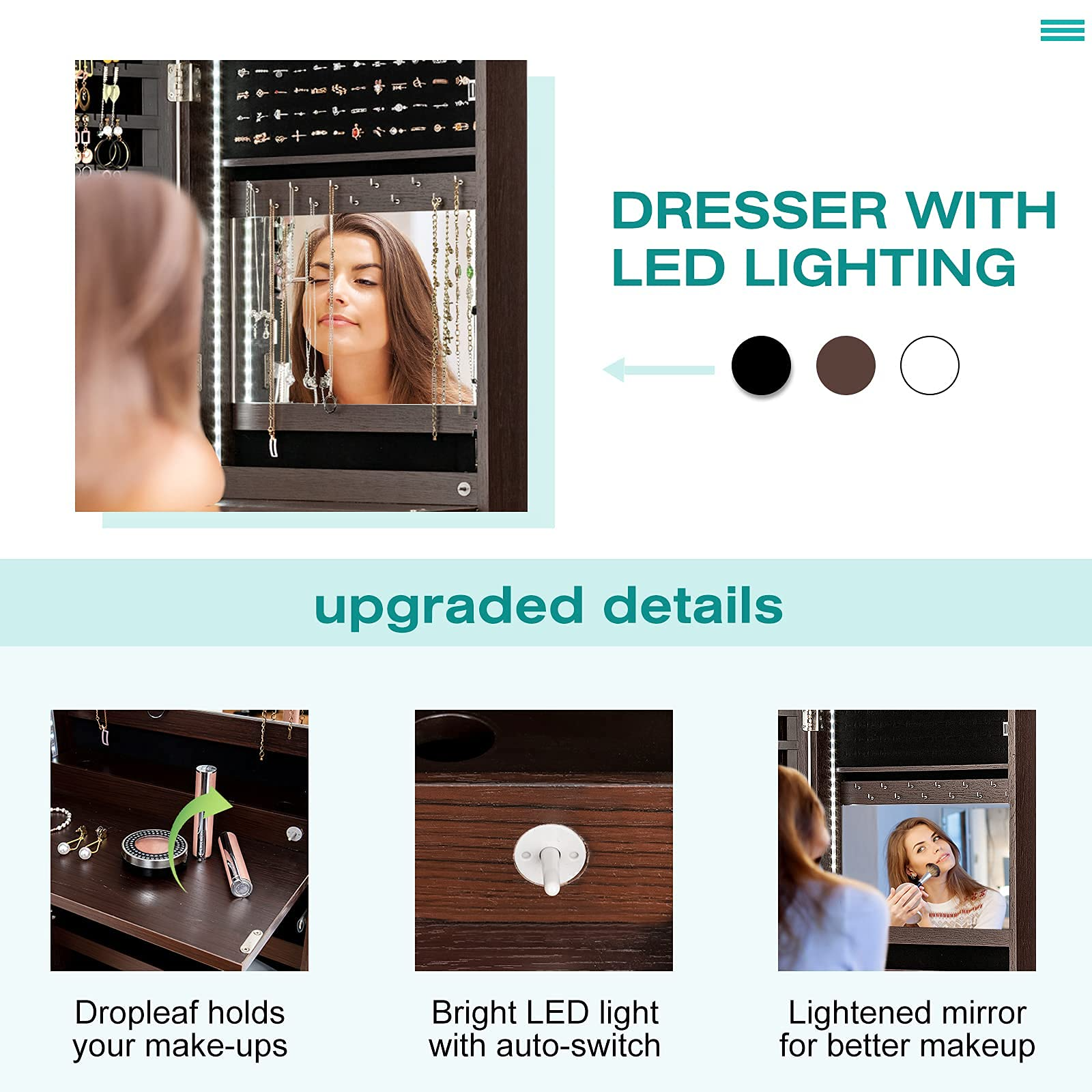 CHARMAID LED Strip Jewelry Armoire with 47.2" H Full Length Mirror