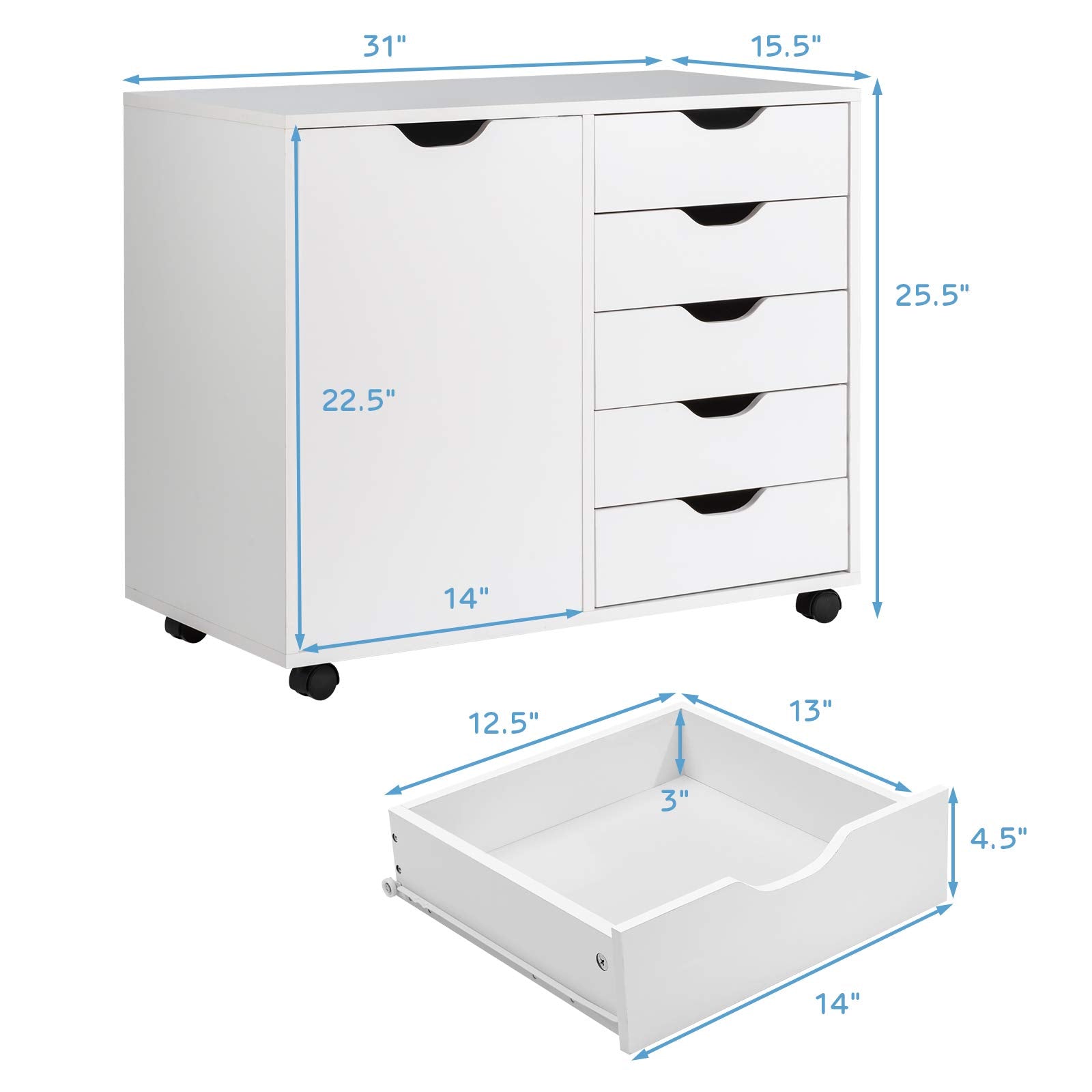 Giantex Drawers Cabinet Mobile Lateral Filing Organizer with 5 Drawers,1 Side Cabinet and Wheels Mobile Side Cabinet Chest