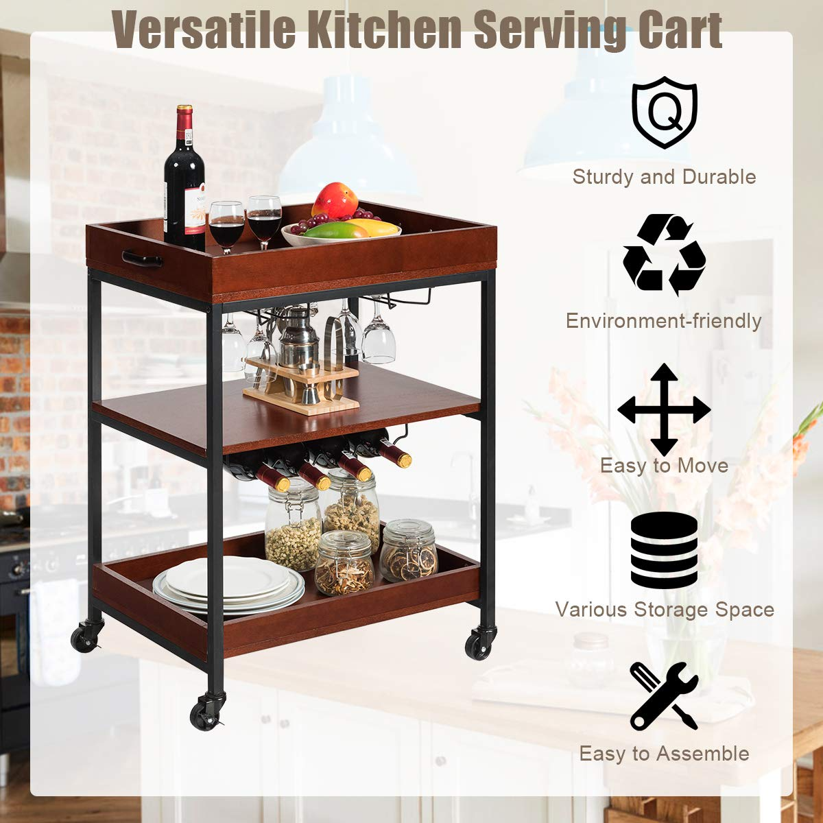 Giantex Kitchen Island Cart Rolling Industrial Style, Rustic Brown