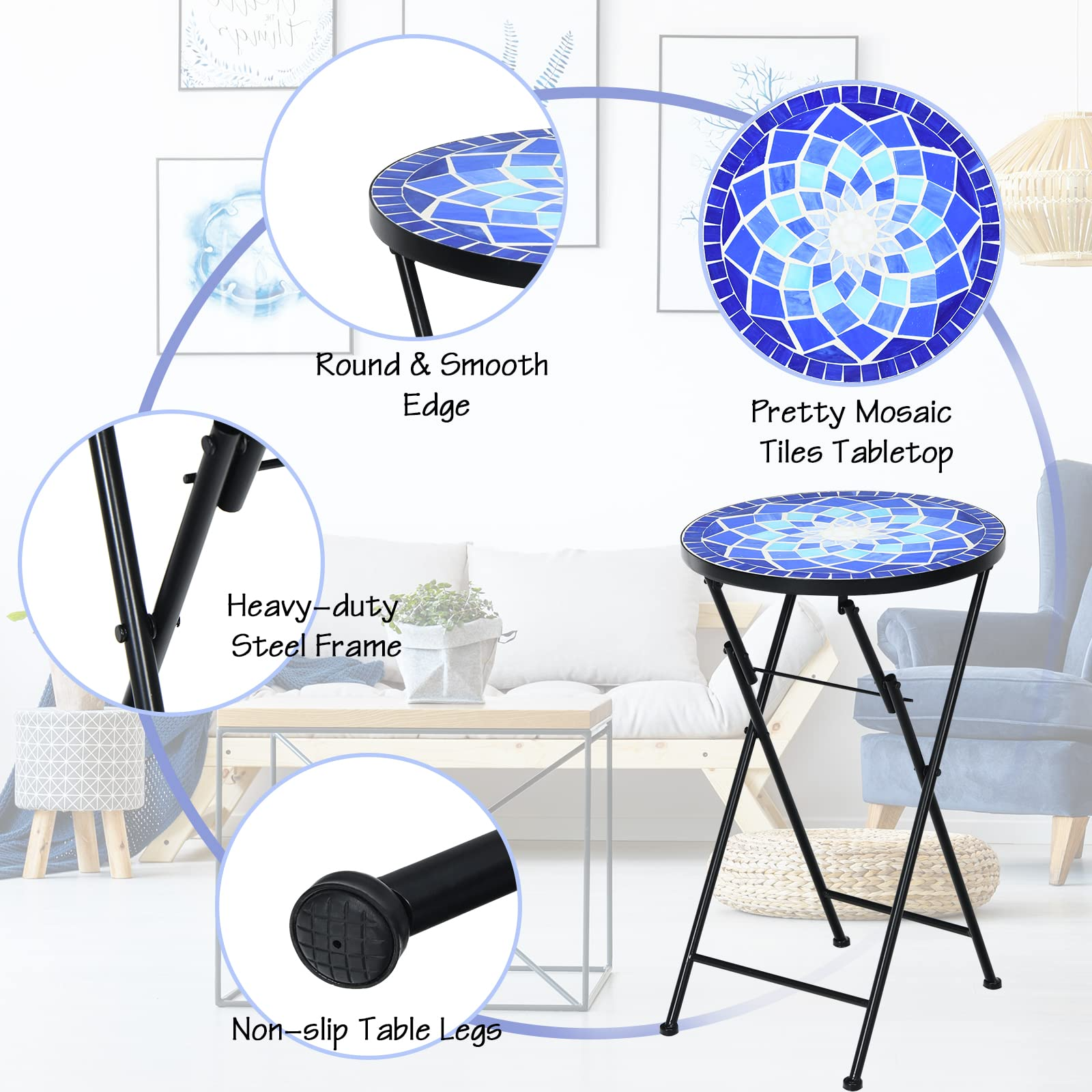 Giantex Folding Mosaic Patio Table, 14'' Outdoor Side Table Round Accent Table Plant Stand with Ceramic Tile Top