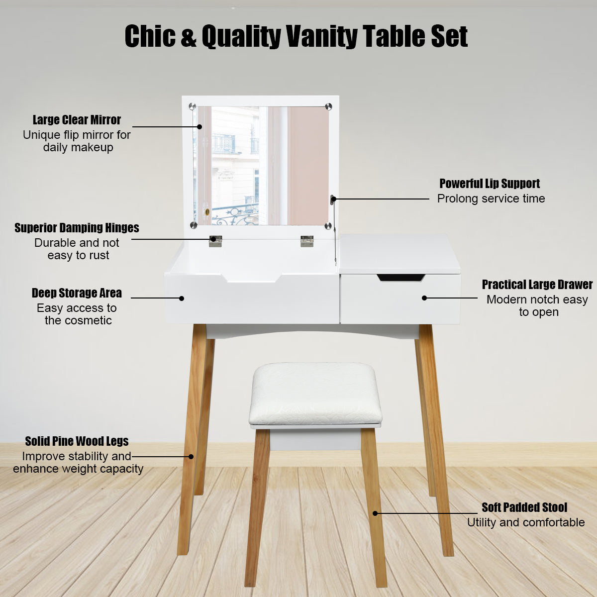 CHARMAID Vanity Table with Flip Top Mirror and Cushioned Stool, White - Giantexus