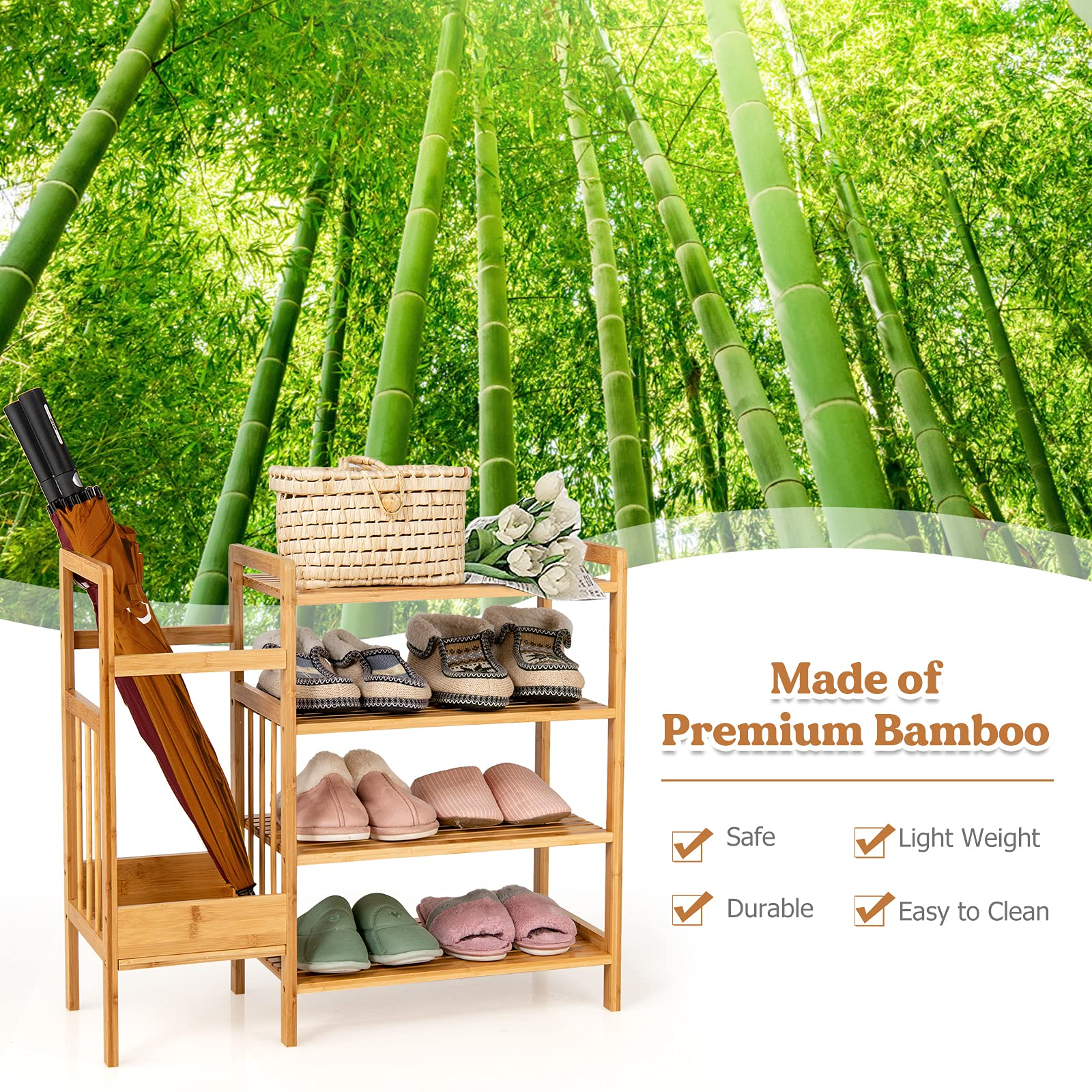 Giantex 4-Tier Bamboo Shoe Rack, Multifunctional Storage Stand, Entryway Organizer w/ Umbrella Holder & Storage Shelves