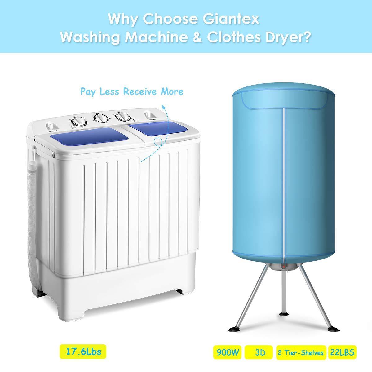 17.6lbs Portable Washing Machine 900W with Electric Heating Clothes Dryer Ventless Laundry Dryer and Heater for Home and Apartment - Giantexus