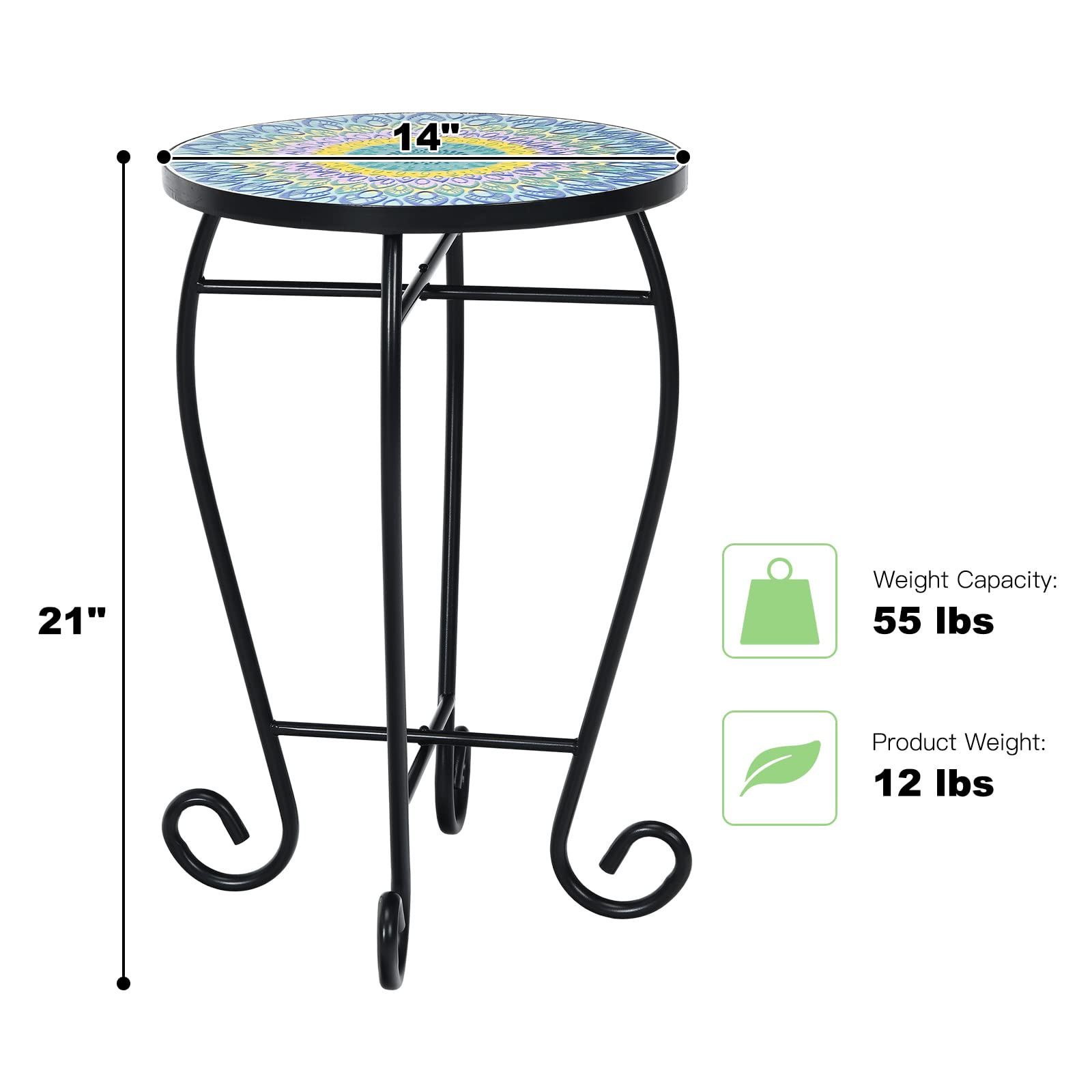 Giantex Folding Mosaic Patio Table, 14'' Outdoor Side Table Round Accent Table Plant Stand with Ceramic Tile Top