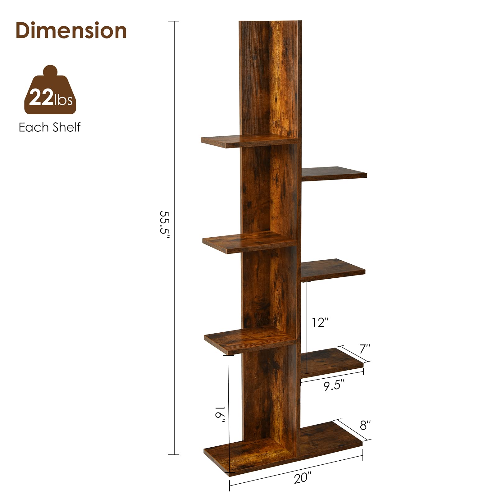 Giantex Wood Bookshelf, 7-Tier Tall Freestanding Tree Bookshelf with Anti-toppling