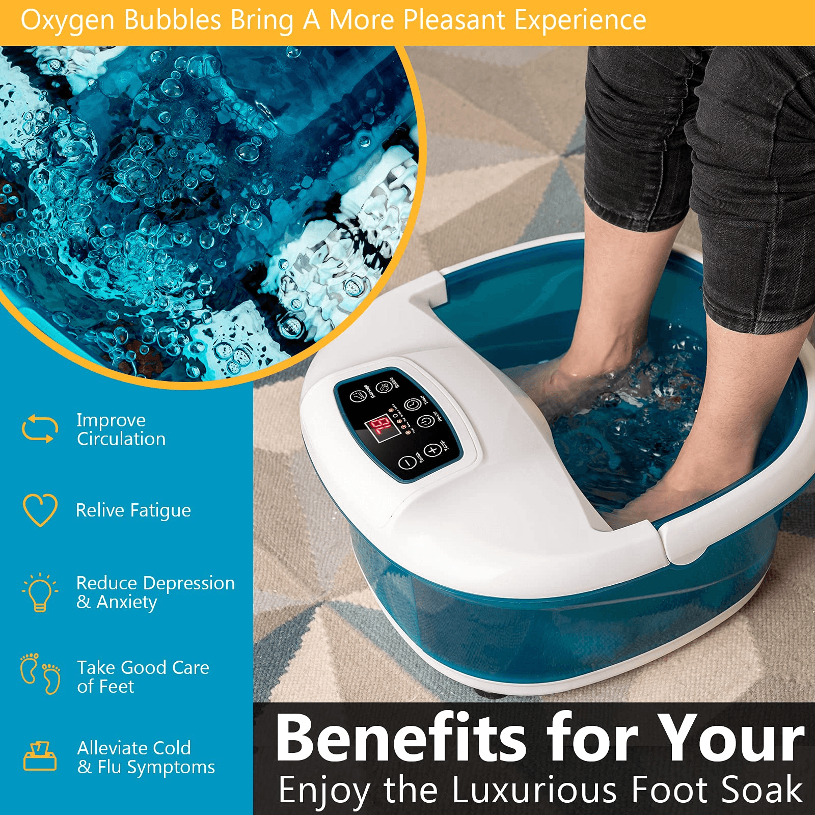 Giantex Foot Spa Bath Massager with Heat Bubbles, 6 Motorized Massage Rollers, Fast Heating, Red Light, Adjustable Temperature & Time (Blue/White) - Giantexus