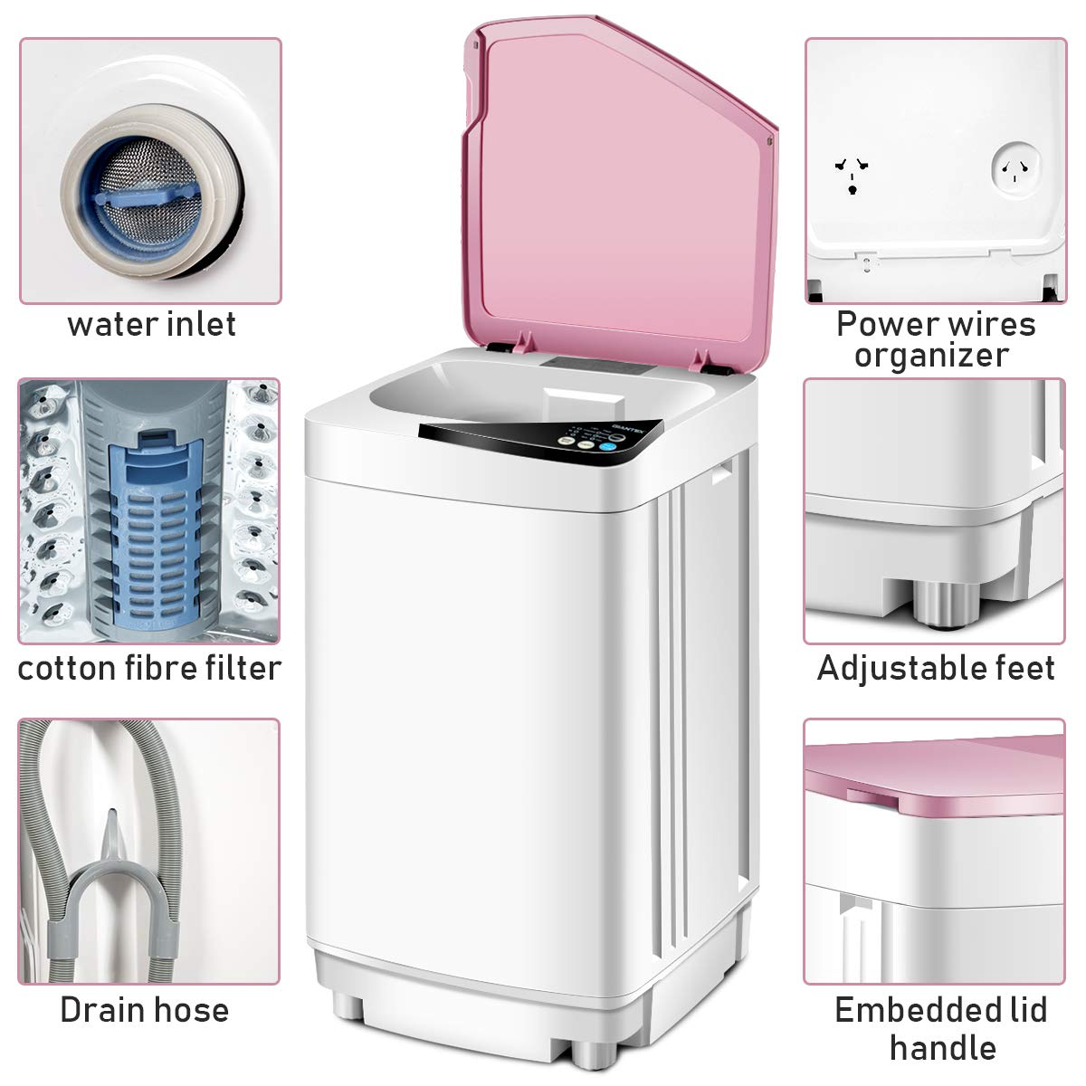 7.7 lbs Compact Full-Automatic Laundry Washing Machine (Pink)