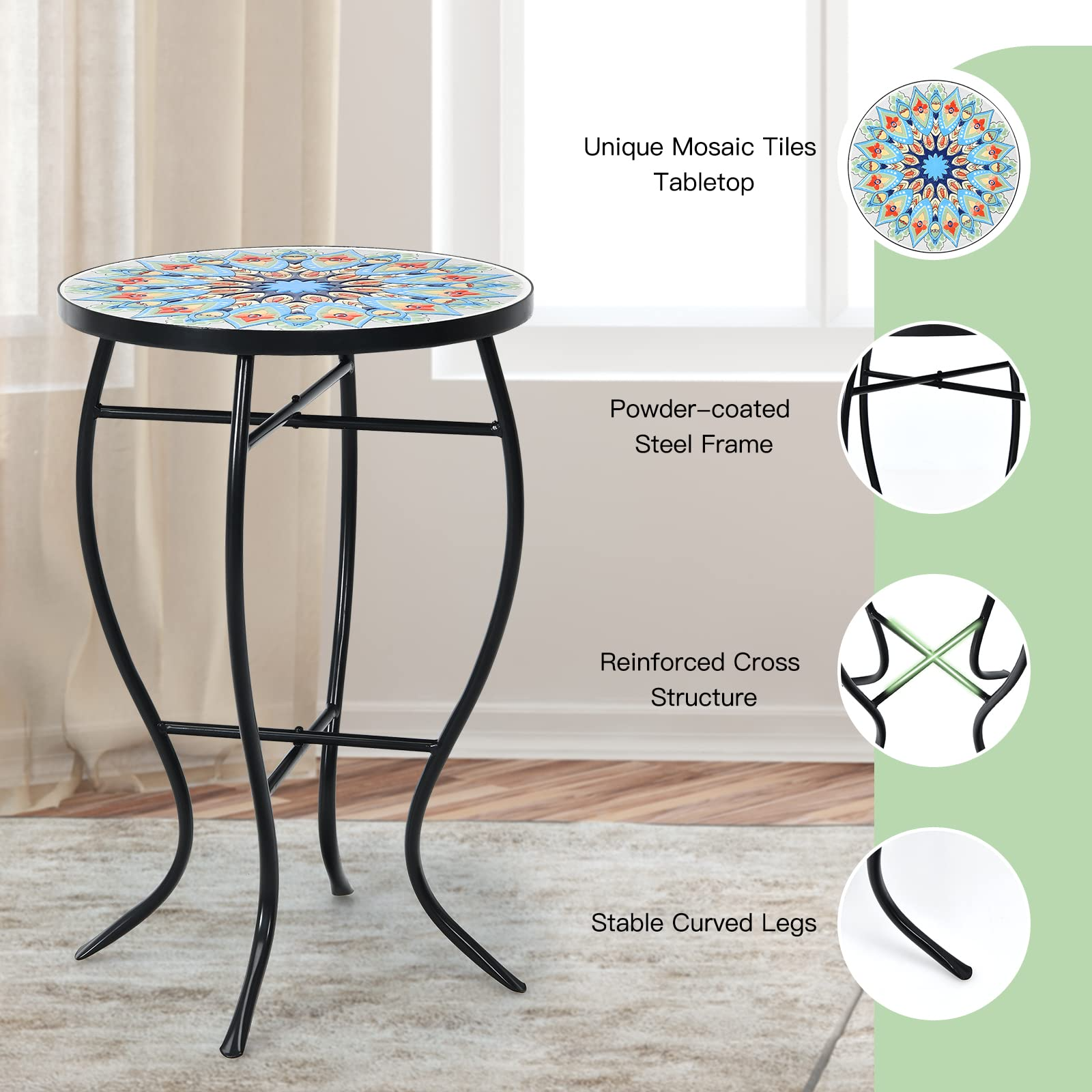 Giantex Folding Mosaic Patio Table, 14'' Outdoor Side Table Round Accent Table Plant Stand with Ceramic Tile Top